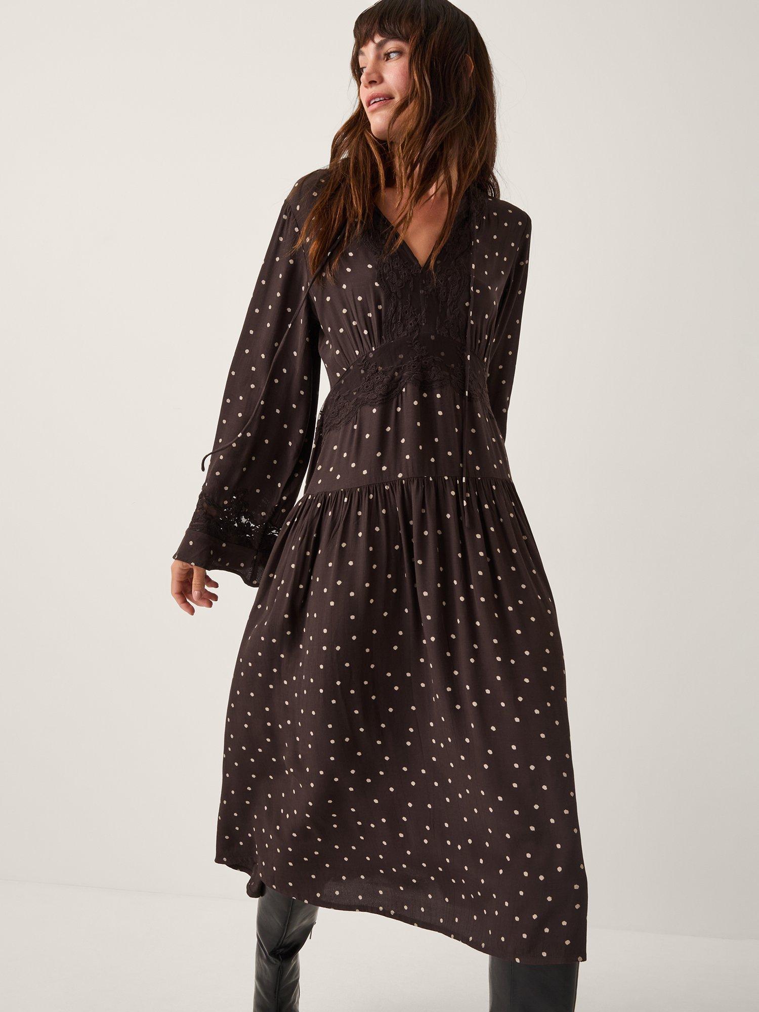 Product image 1 of 4, which shows Monsoon Mackie Dot Midi Dress, Chocolate, 20