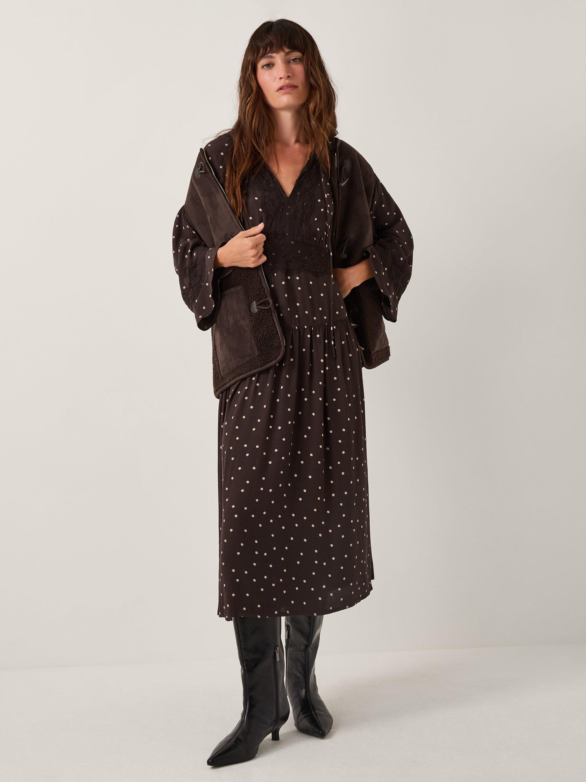 Product image 2 of 4, which shows Monsoon Mackie Dot Midi Dress, Chocolate, 20