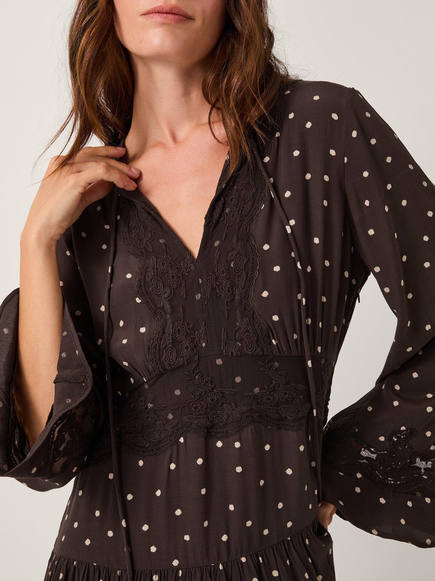 Product image 3 of 4, which shows Monsoon Mackie Dot Midi Dress, Chocolate, 20