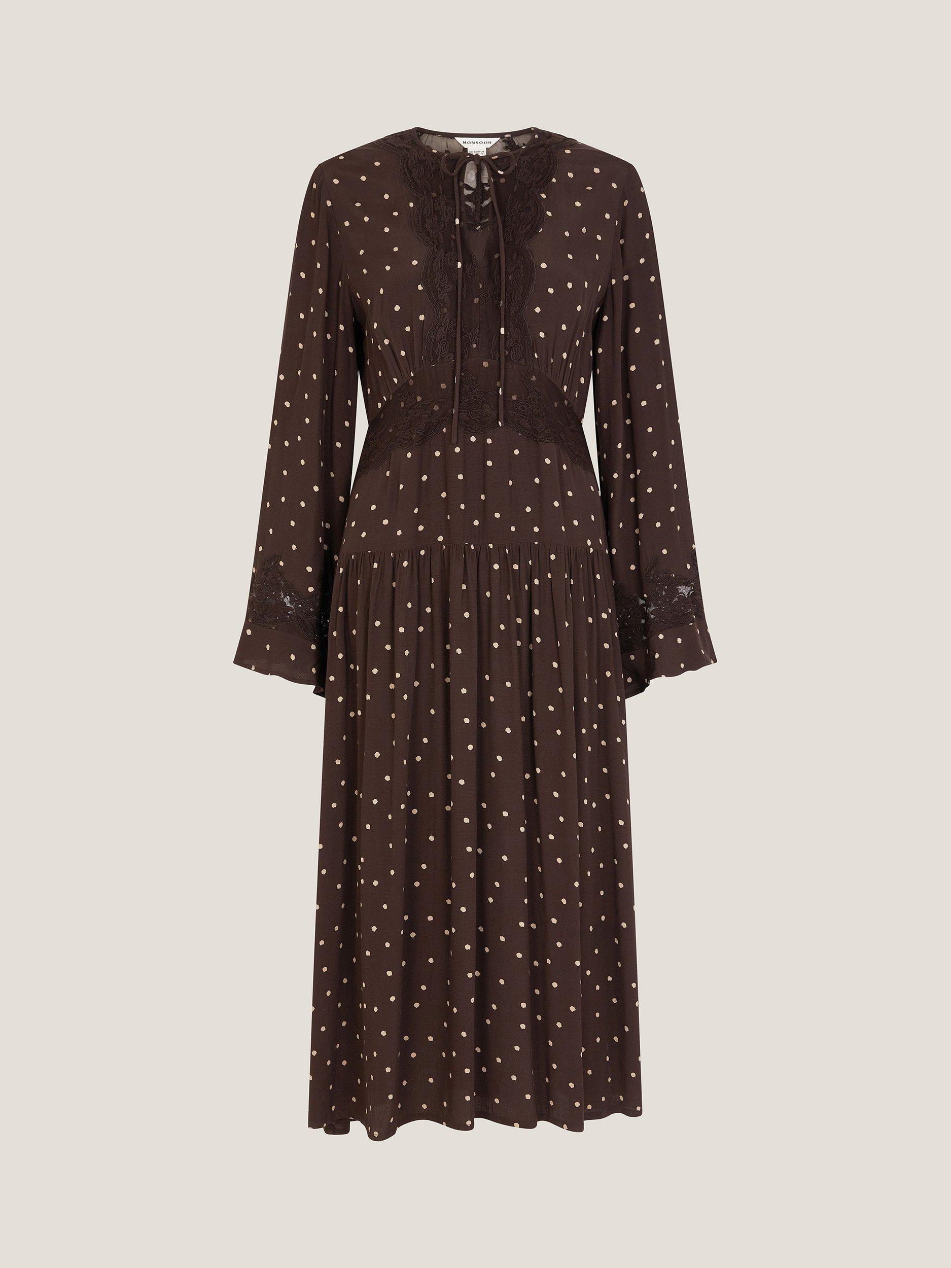 Product image 4 of 4, which shows Monsoon Mackie Dot Midi Dress, Chocolate, 20