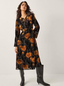 Monsoon Reese Dot Floral Midi Dress, Black, Black
