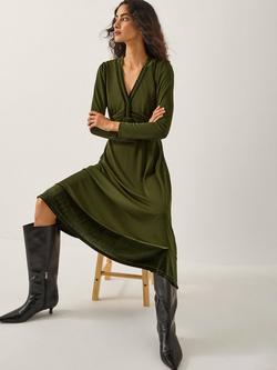 Monsoon Viv Velvet Midi Dress, Khaki, Khaki