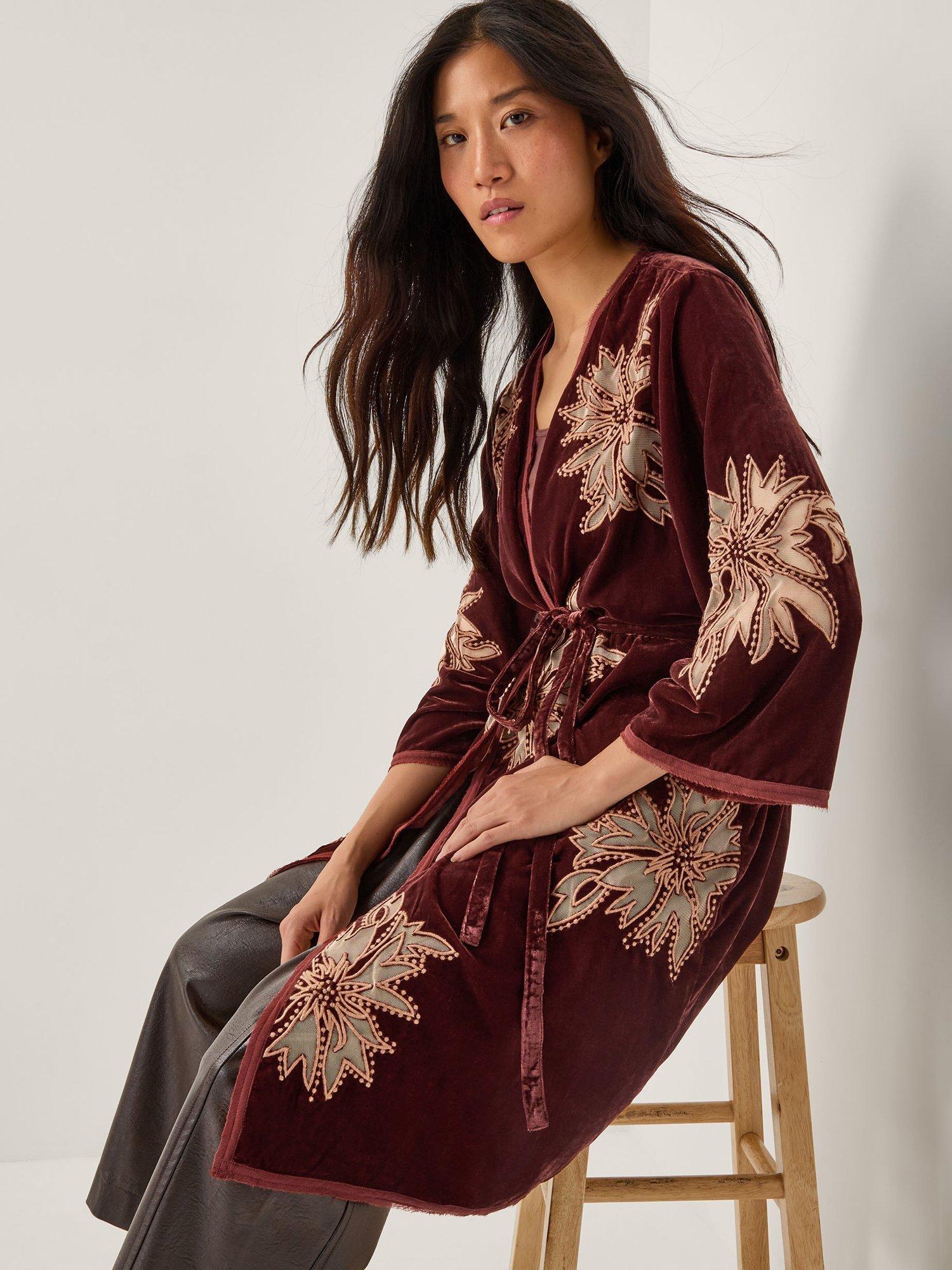 Product image 3 of 5, which shows Monsoon Jaz Embroidered Velvet Kimono , Copper, S