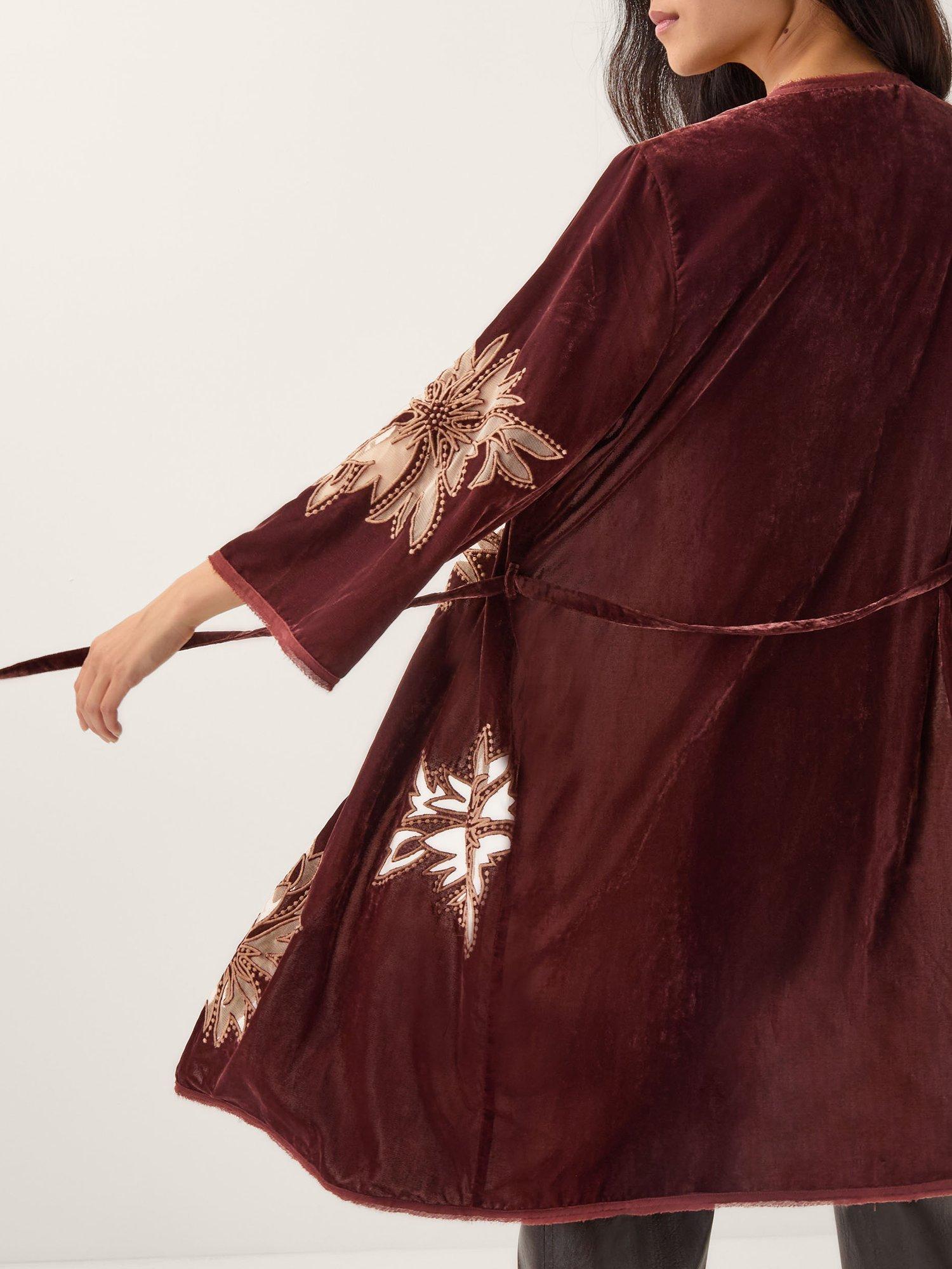 Product image 4 of 5, which shows Monsoon Jaz Embroidered Velvet Kimono , Copper, S