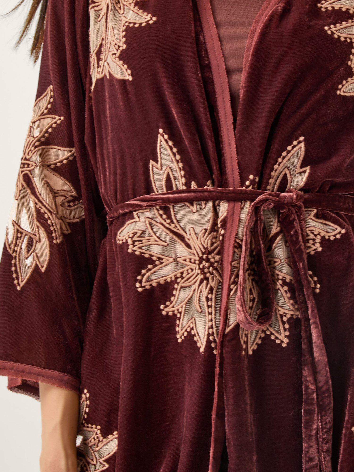 Product image 5 of 5, which shows Monsoon Jaz Embroidered Velvet Kimono , Copper, S