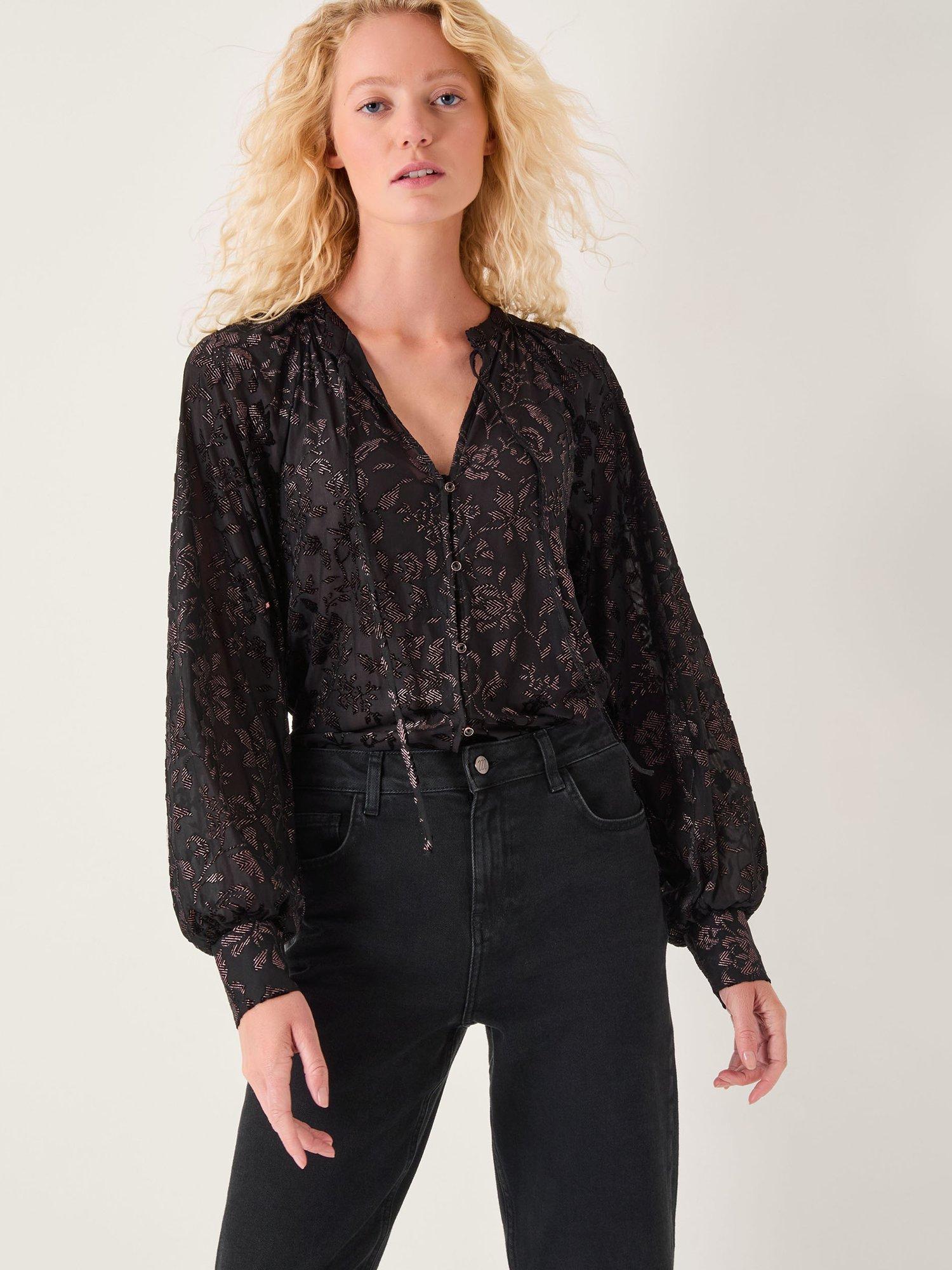 Product image 1 of 5, which shows Monsoon Dory Floral Sparkle Long Sleeve Shirt, Black, S