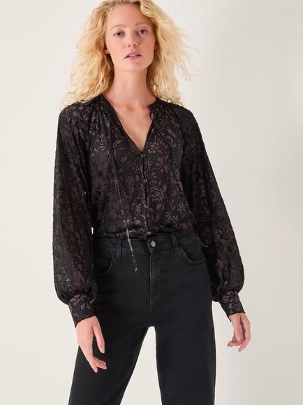 Monsoon Dory Floral Sparkle Long Sleeve Shirt, Black