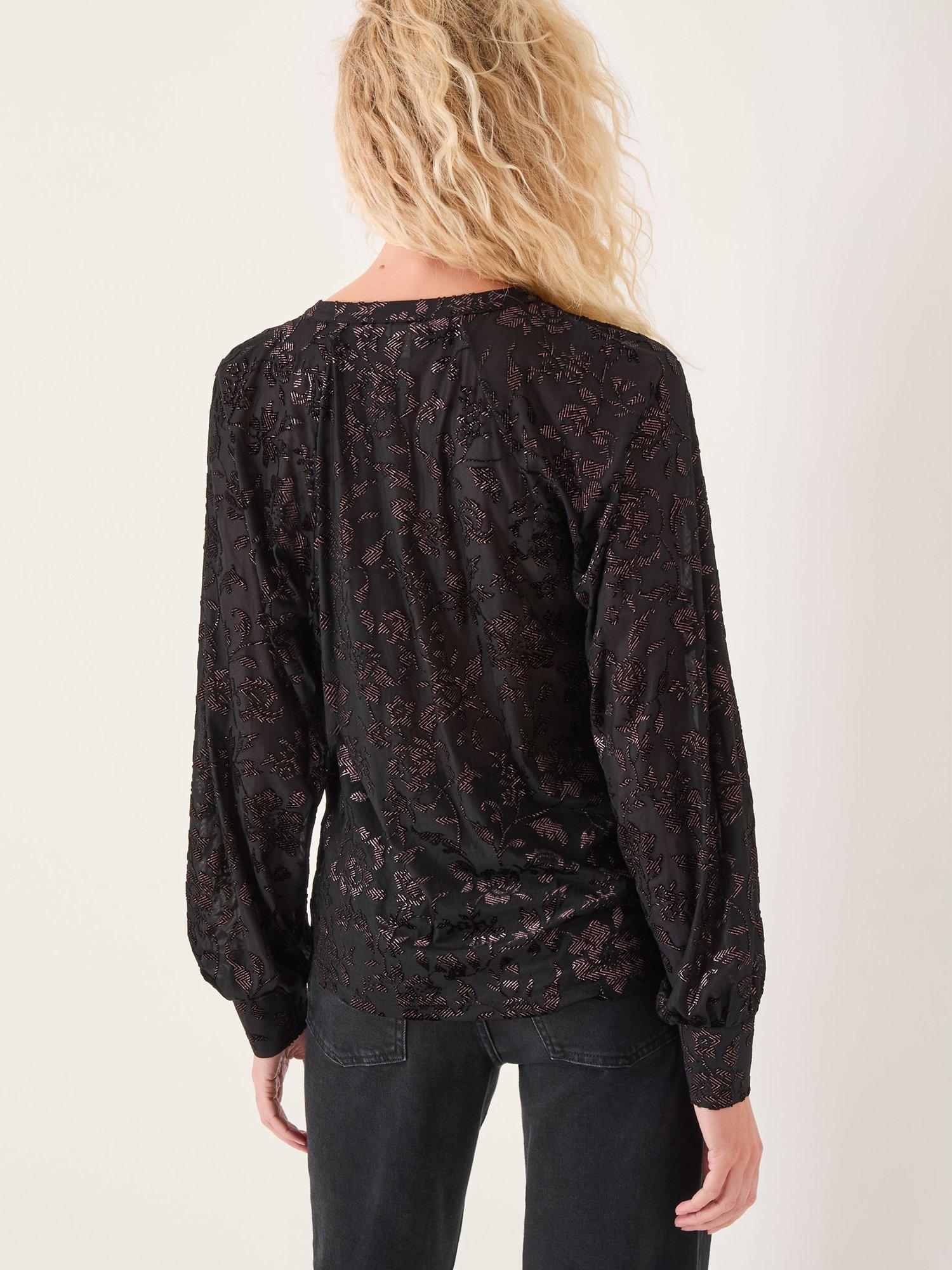 Product image 2 of 5, which shows Monsoon Dory Floral Sparkle Long Sleeve Shirt, Black, S