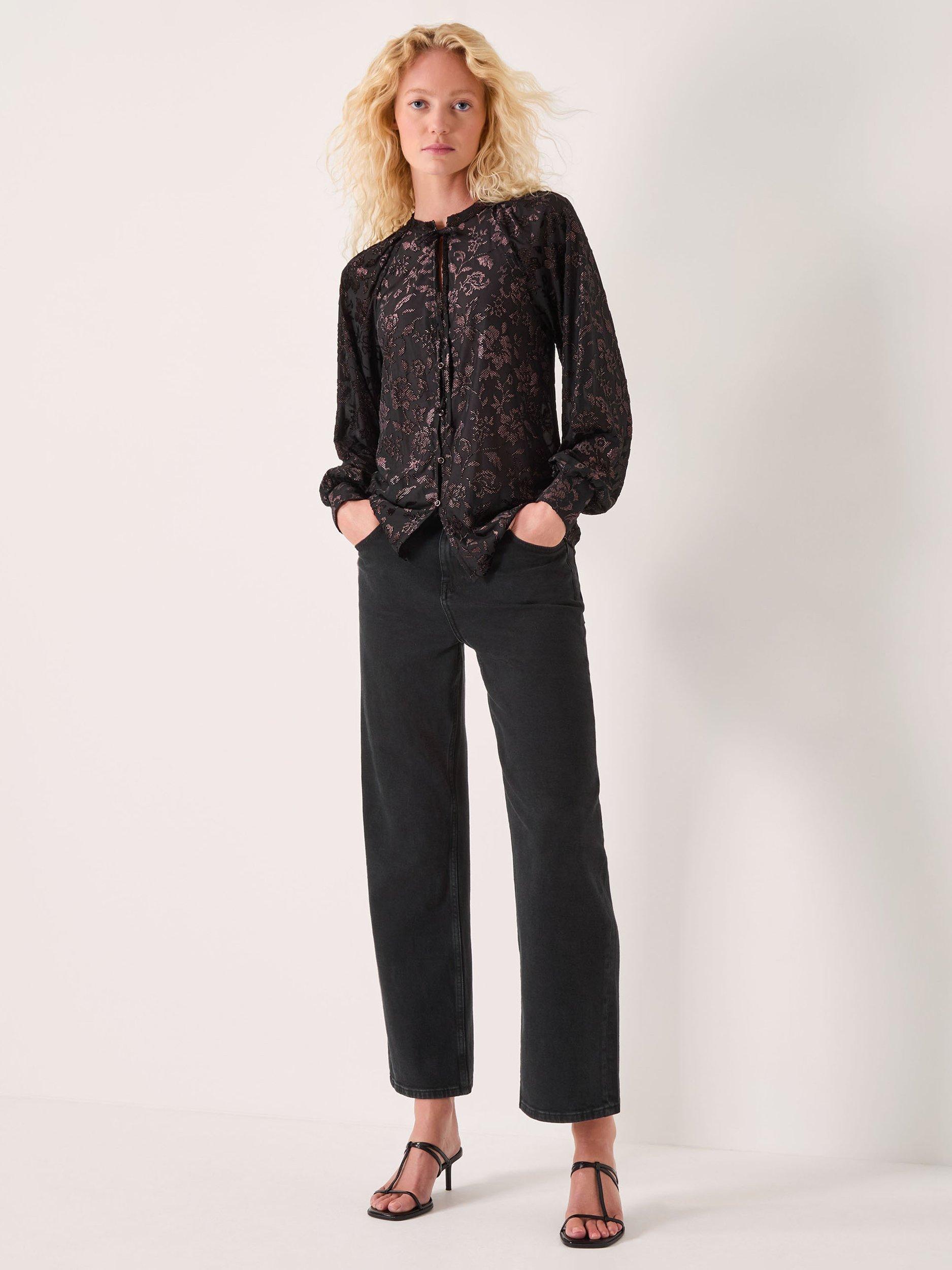 Product image 3 of 5, which shows Monsoon Dory Floral Sparkle Long Sleeve Shirt, Black, S