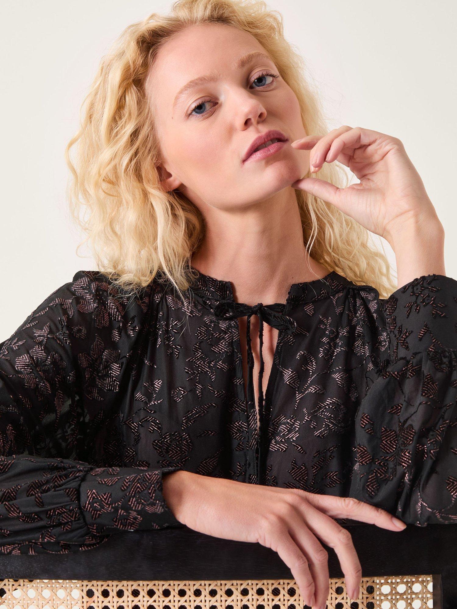 Product image 5 of 5, which shows Monsoon Dory Floral Sparkle Long Sleeve Shirt, Black, S