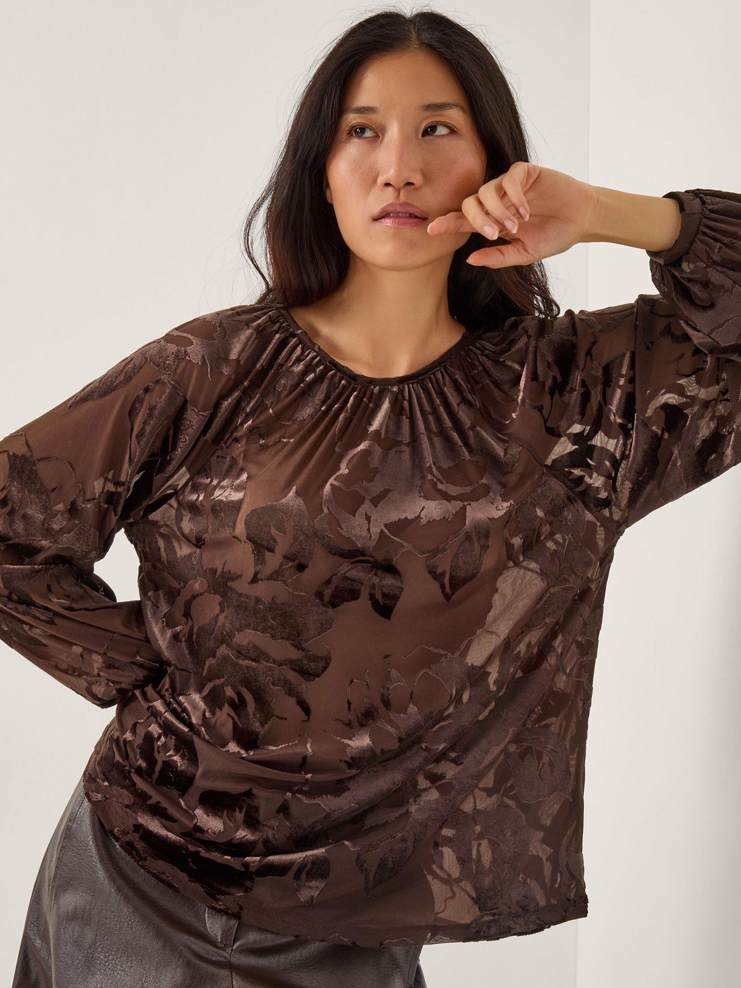 Product image 1 of 5, which shows Monsoon Dua Round Neck Floral Blouse, Chocolate, S