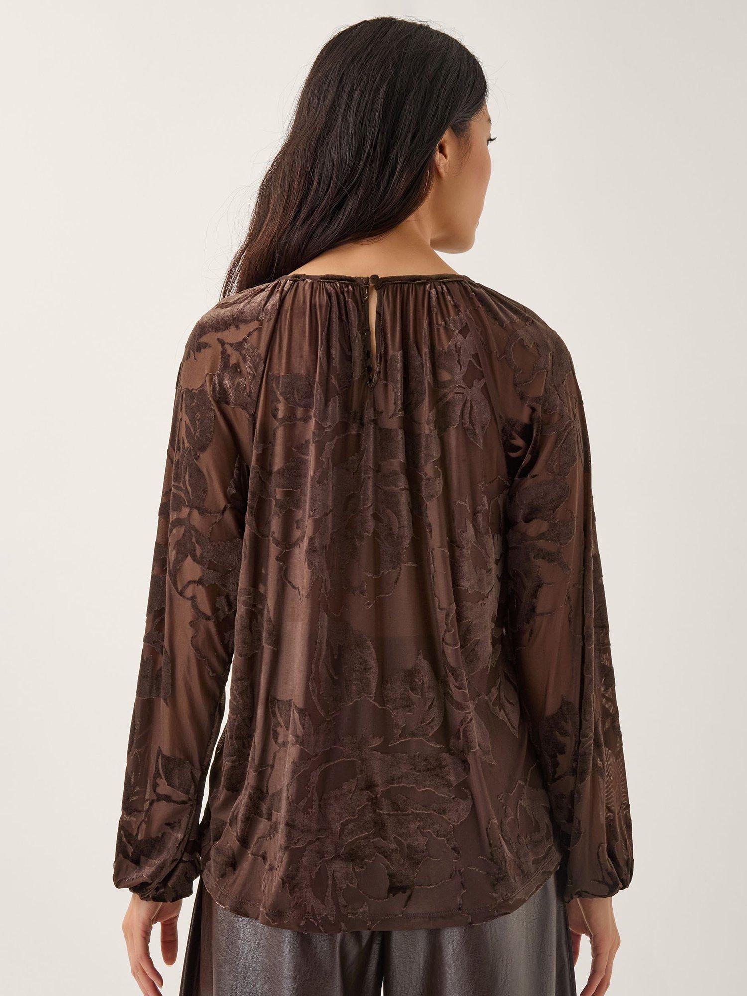 Product image 2 of 5, which shows Monsoon Dua Round Neck Floral Blouse, Chocolate, S