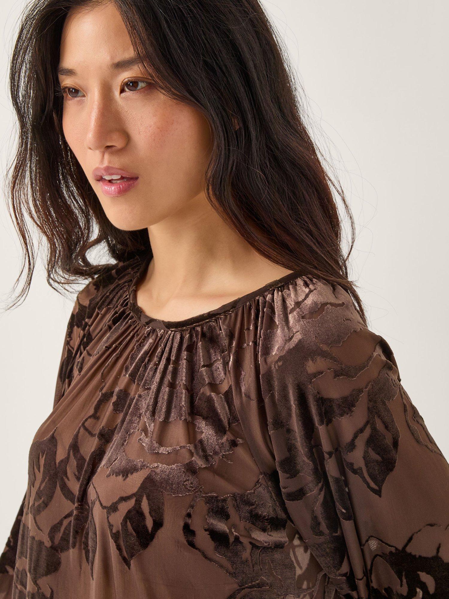 Product image 4 of 5, which shows Monsoon Dua Round Neck Floral Blouse, Chocolate, S
