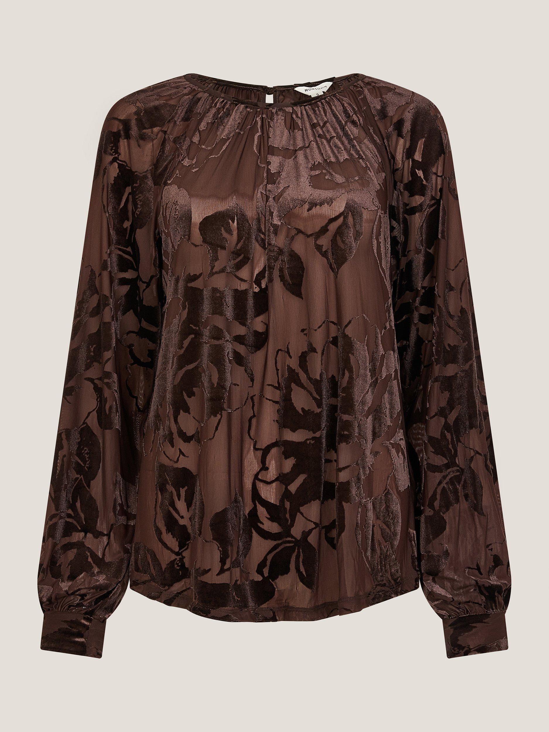 Product image 5 of 5, which shows Monsoon Dua Round Neck Floral Blouse, Chocolate, S