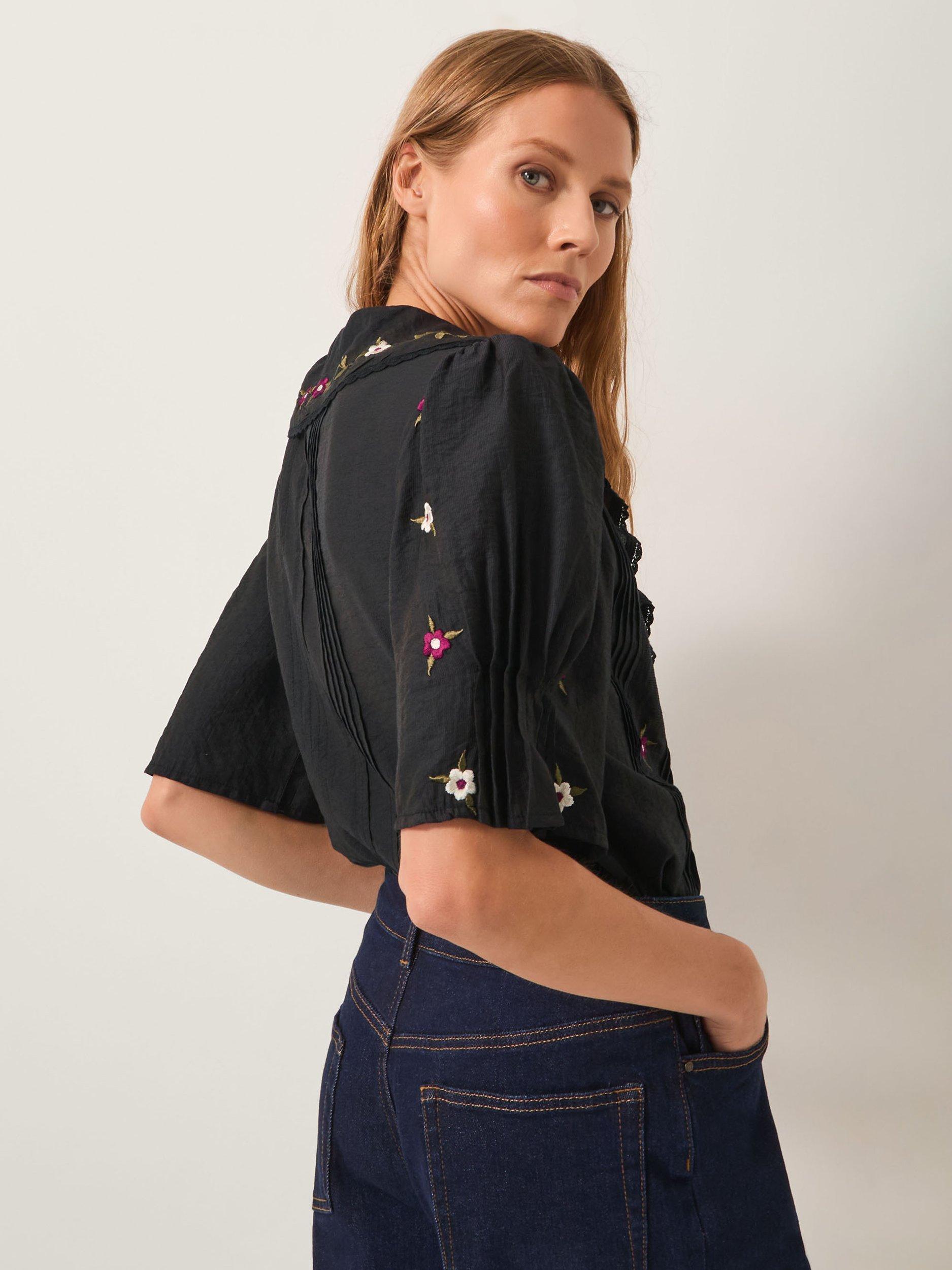 Product image 2 of 5, which shows Monsoon Elsie Floral V-Neck Blouse , Black, 8