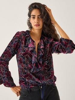 Monsoon Milena Floral Velvet Ruffle Blouse, Purple, Purple