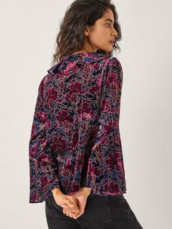 Monsoon Milena Floral Velvet Ruffle Blouse, Purple - view 2, Purple