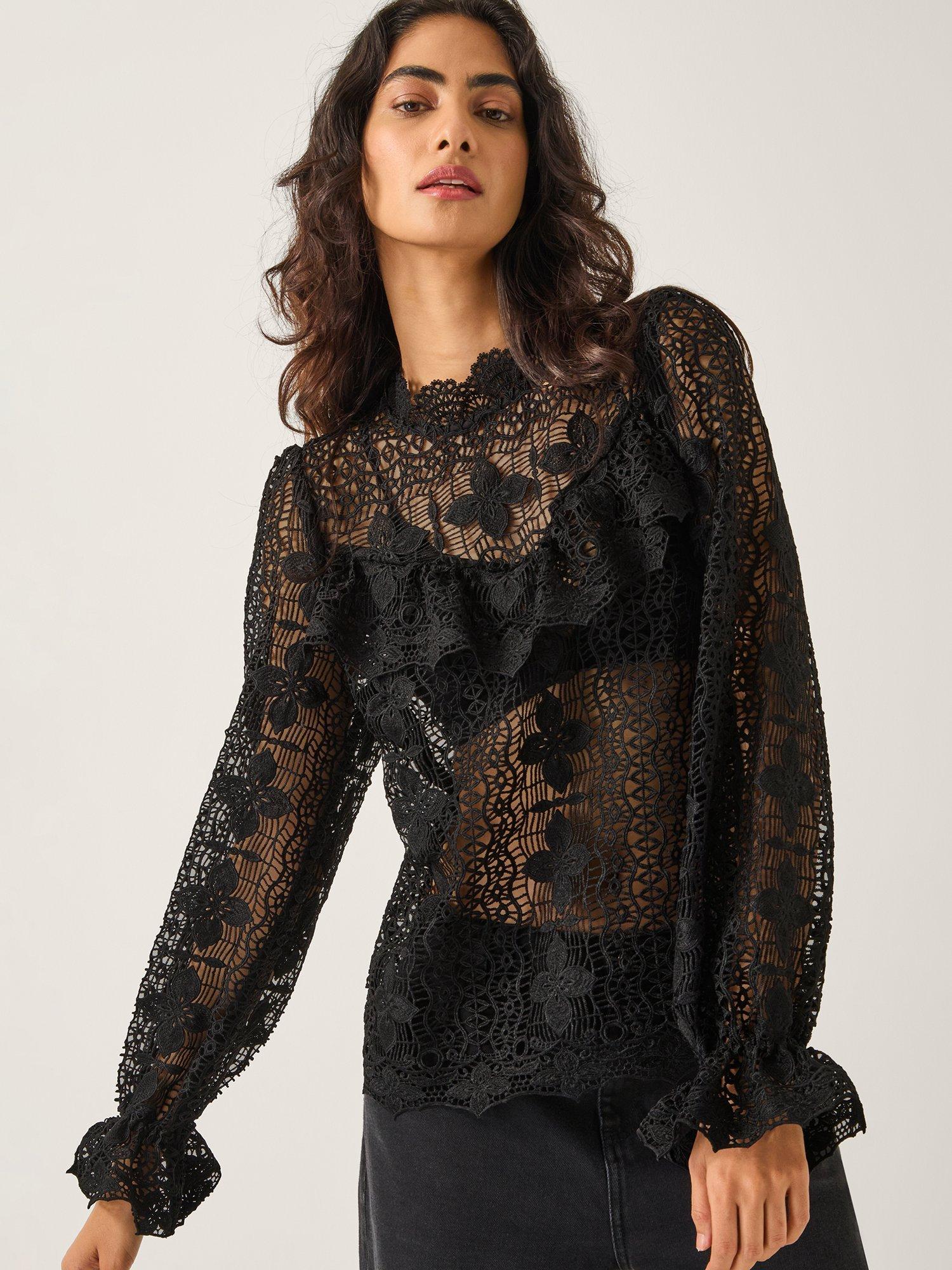 Product image 1 of 5, which shows Monsoon Phoebe Lace Blouse, Black, 8