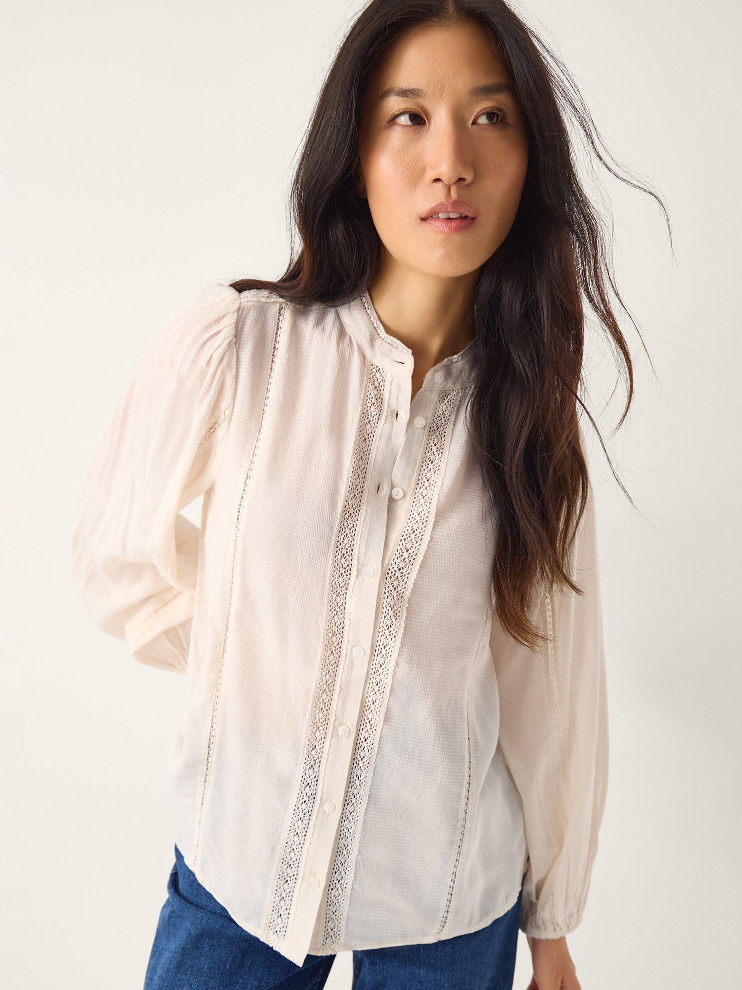 Product image 1 of 4, which shows Monsoon Sara Lace Trim Shirt, Ivory, 10
