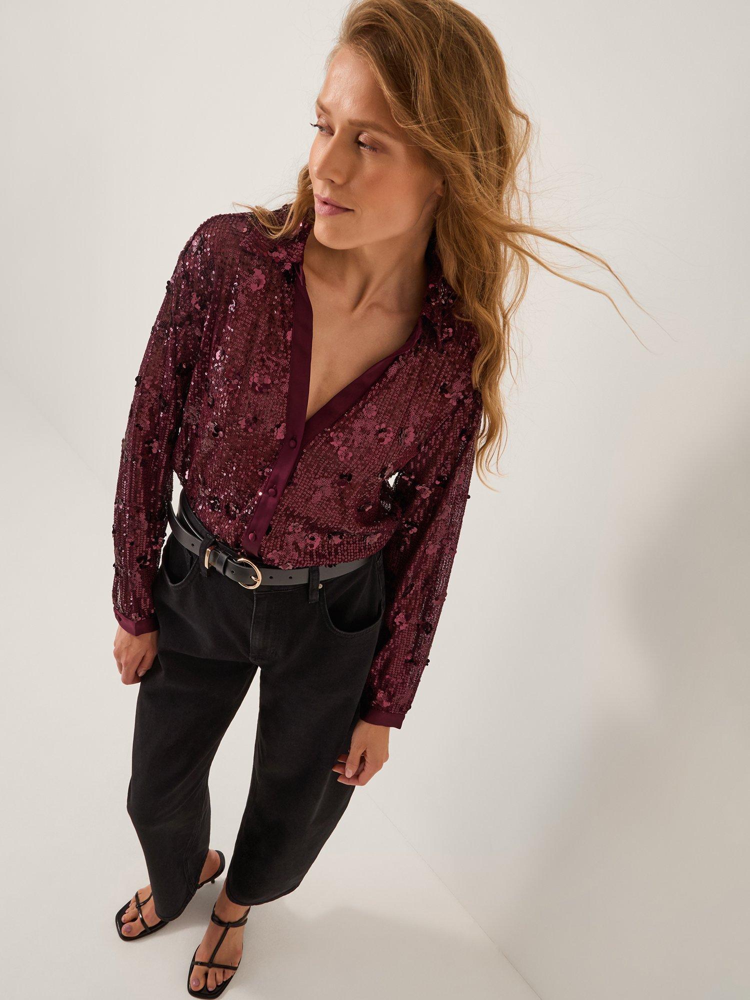 Product image 3 of 5, which shows Monsoon Seema Sequin Shirt, Aubergine, M