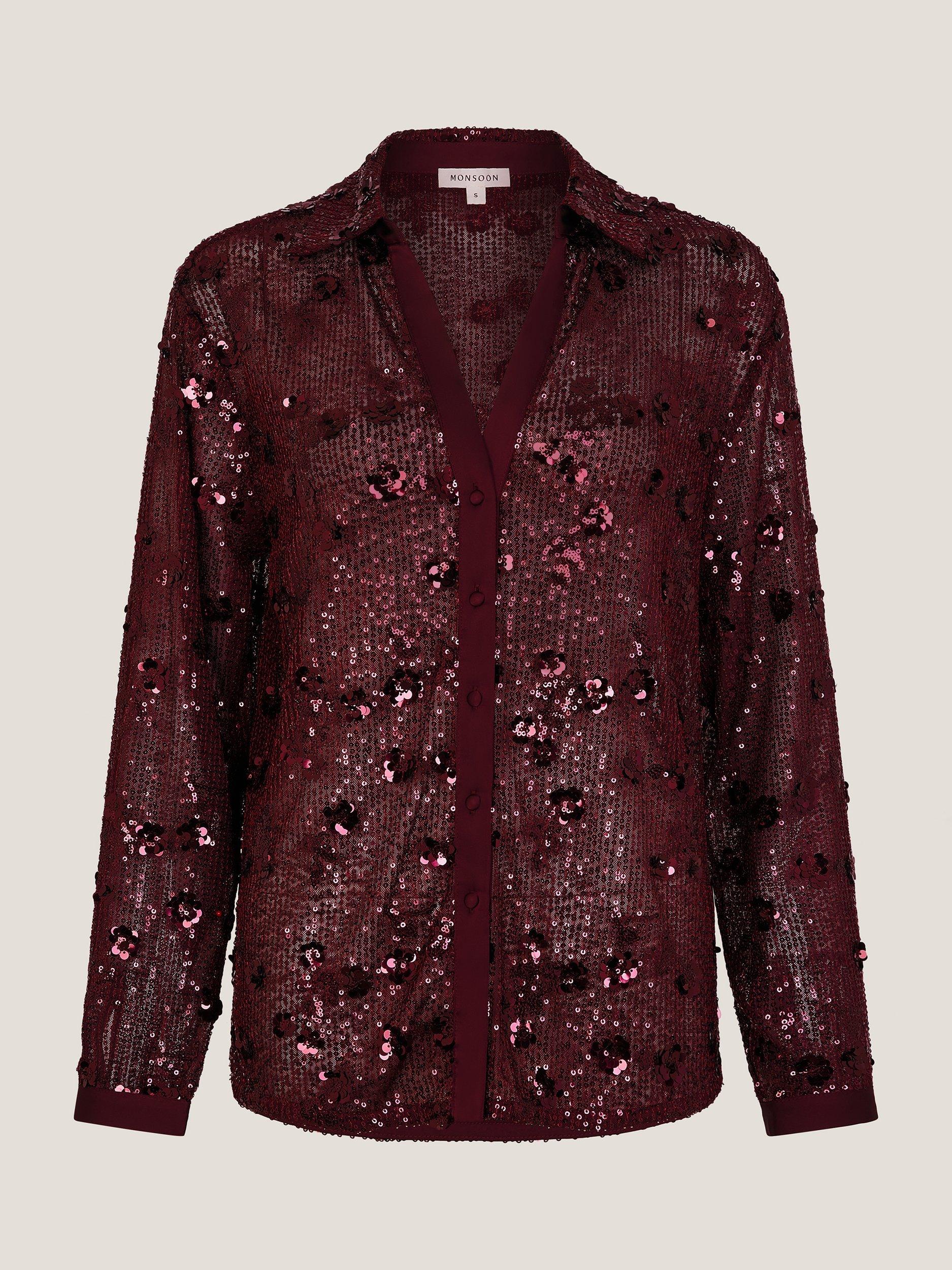 Product image 5 of 5, which shows Monsoon Seema Sequin Shirt, Aubergine, M