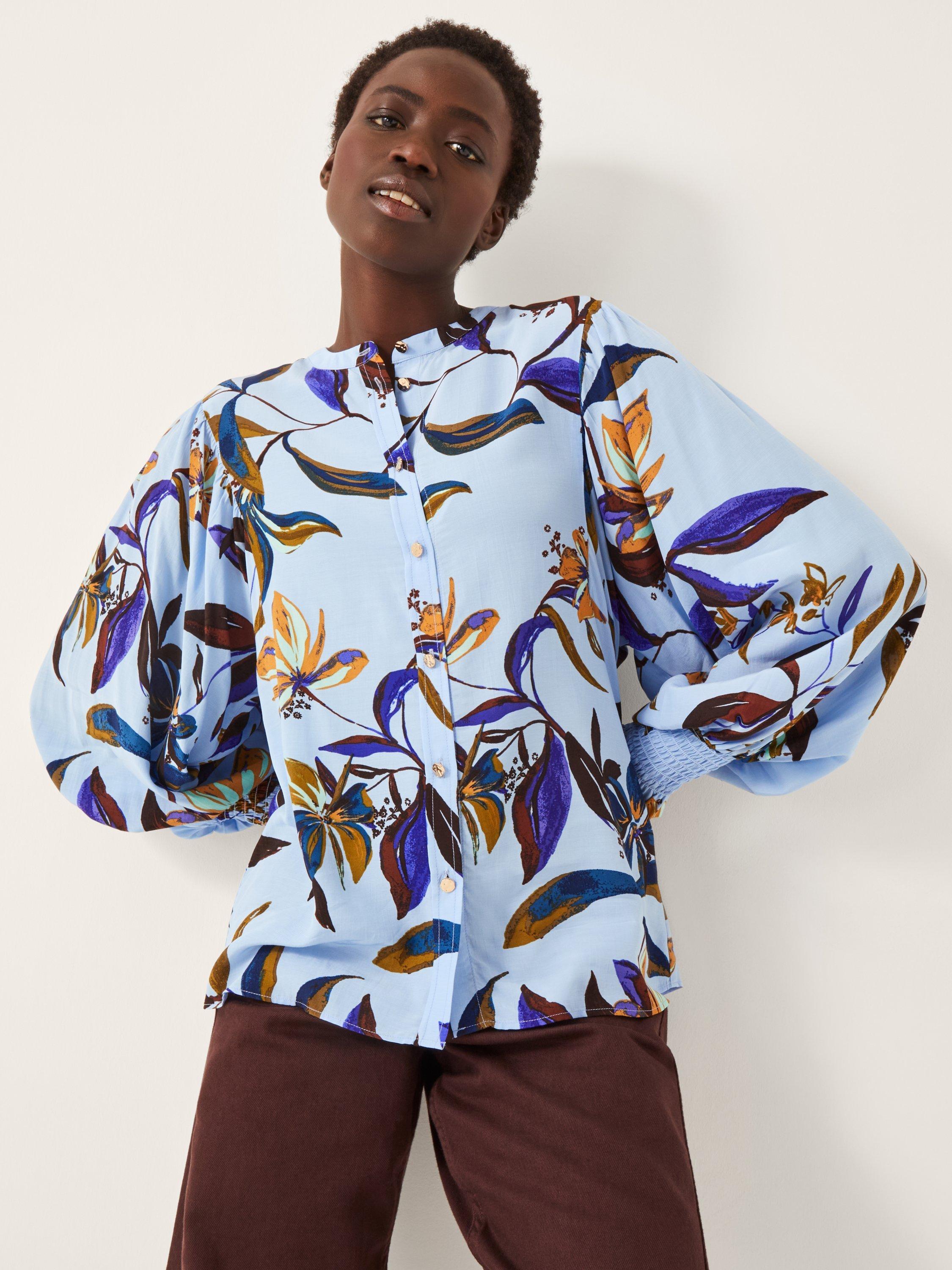 Product image 1 of 4, which shows Monsoon Sonya Floral Round Neck Blouse , Blue, S