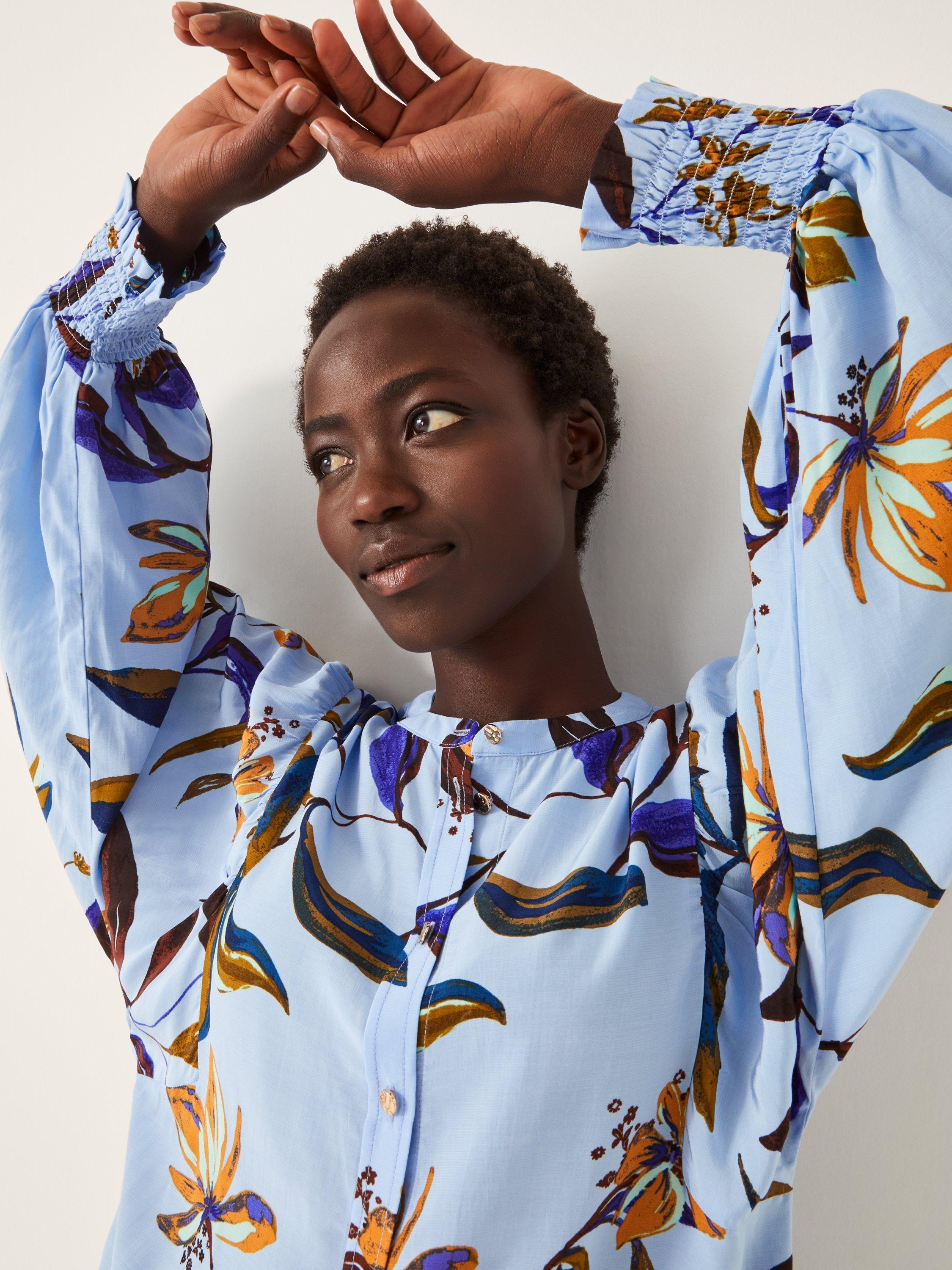 Product image 4 of 4, which shows Monsoon Sonya Floral Round Neck Blouse , Blue, S