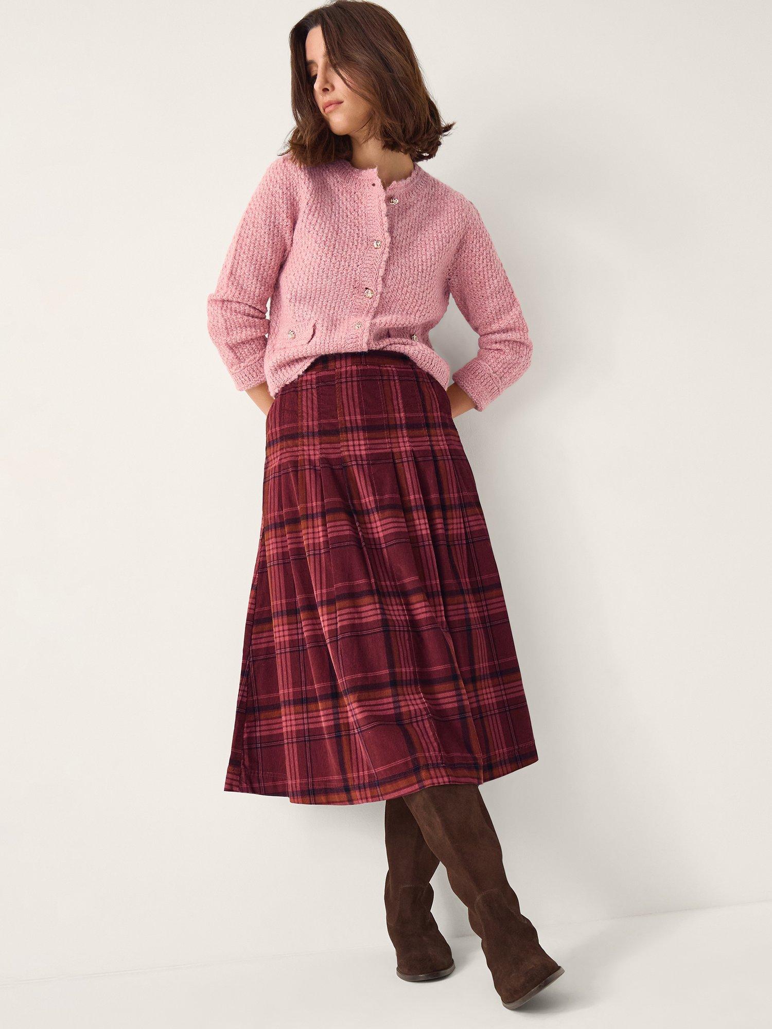 Product image 1 of 4, which shows Monsoon Charly Cotton Checked Midi Skirt, Burgundy, 12