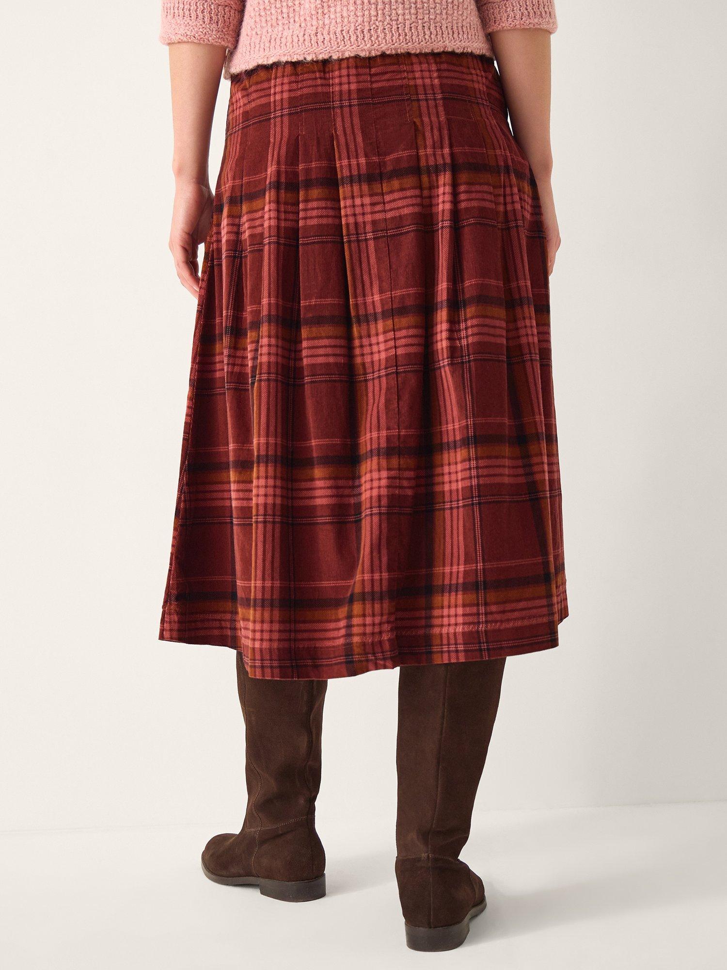 Product image 2 of 4, which shows Monsoon Charly Cotton Checked Midi Skirt, Burgundy, 12