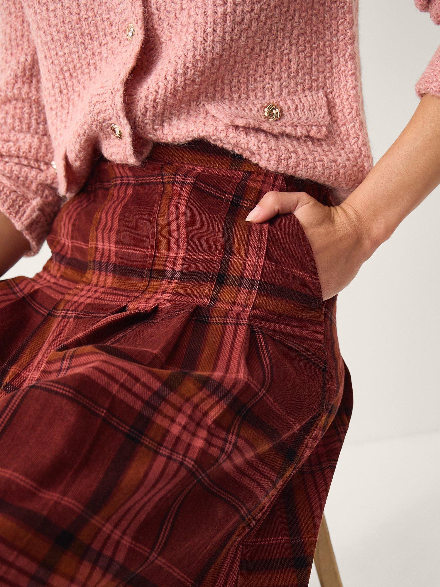 Product image 3 of 4, which shows Monsoon Charly Cotton Checked Midi Skirt, Burgundy, 12