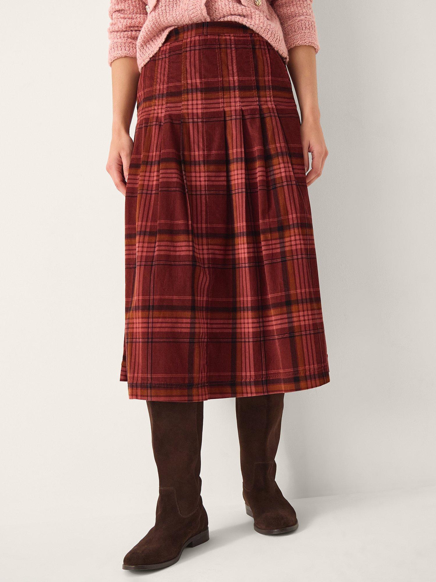 Product image 4 of 4, which shows Monsoon Charly Cotton Checked Midi Skirt, Burgundy, 12