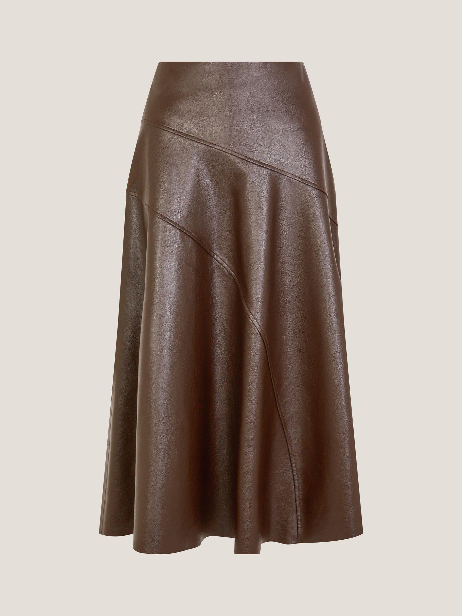 Monsoon Marnie Faux Leather Midi Skirt, Chocolate
