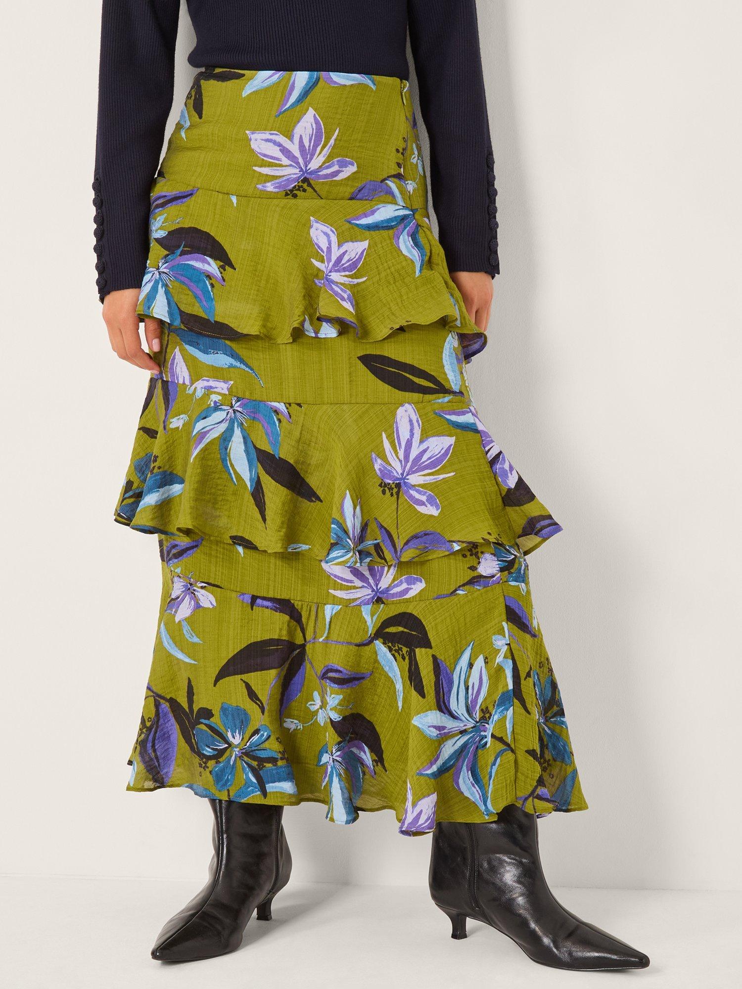 Product image 1 of 5, which shows Monsoon Sonya Floral Tiered Skirt, Khaki, 8