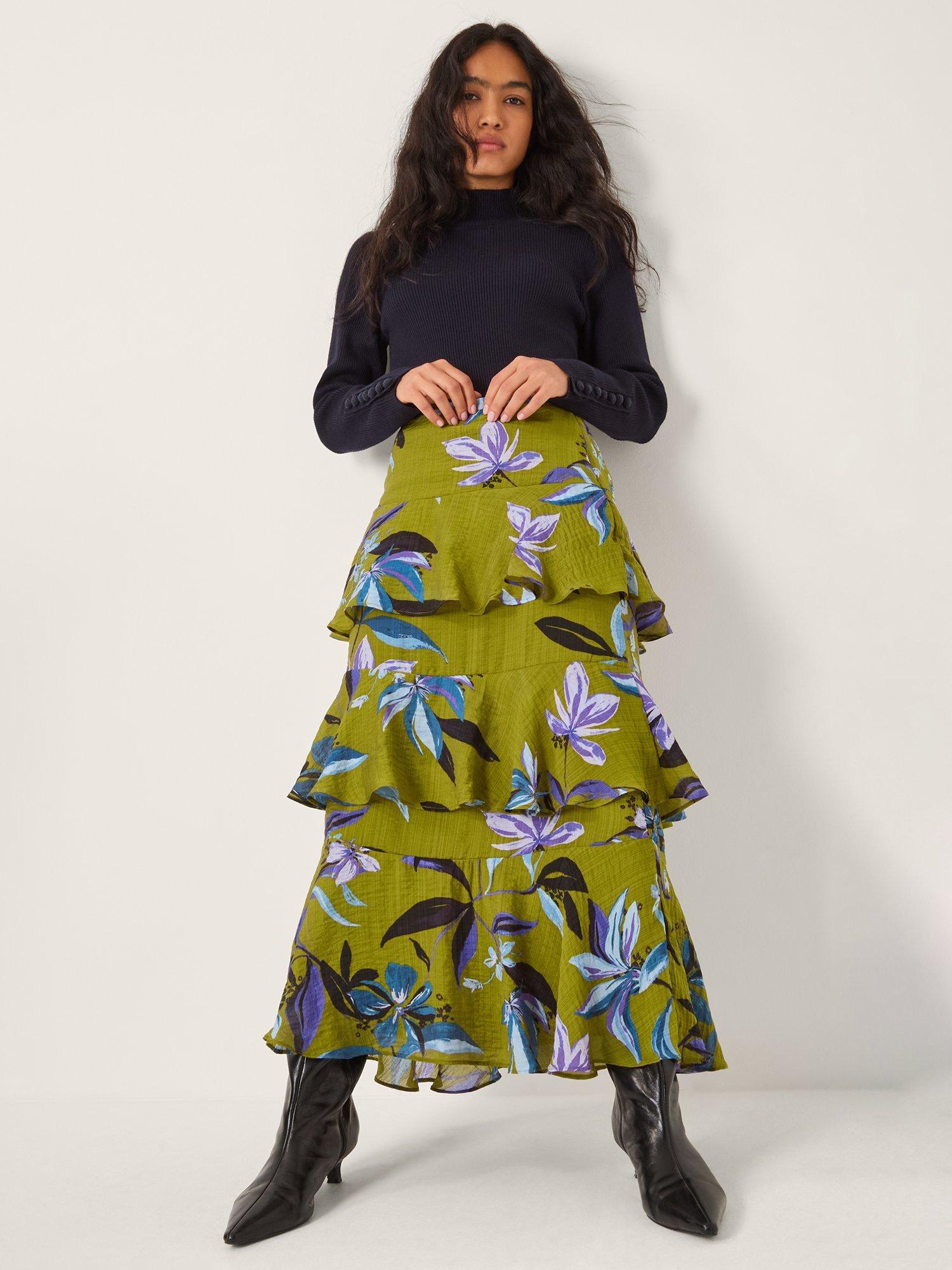 Product image 3 of 5, which shows Monsoon Sonya Floral Tiered Skirt, Khaki, 8