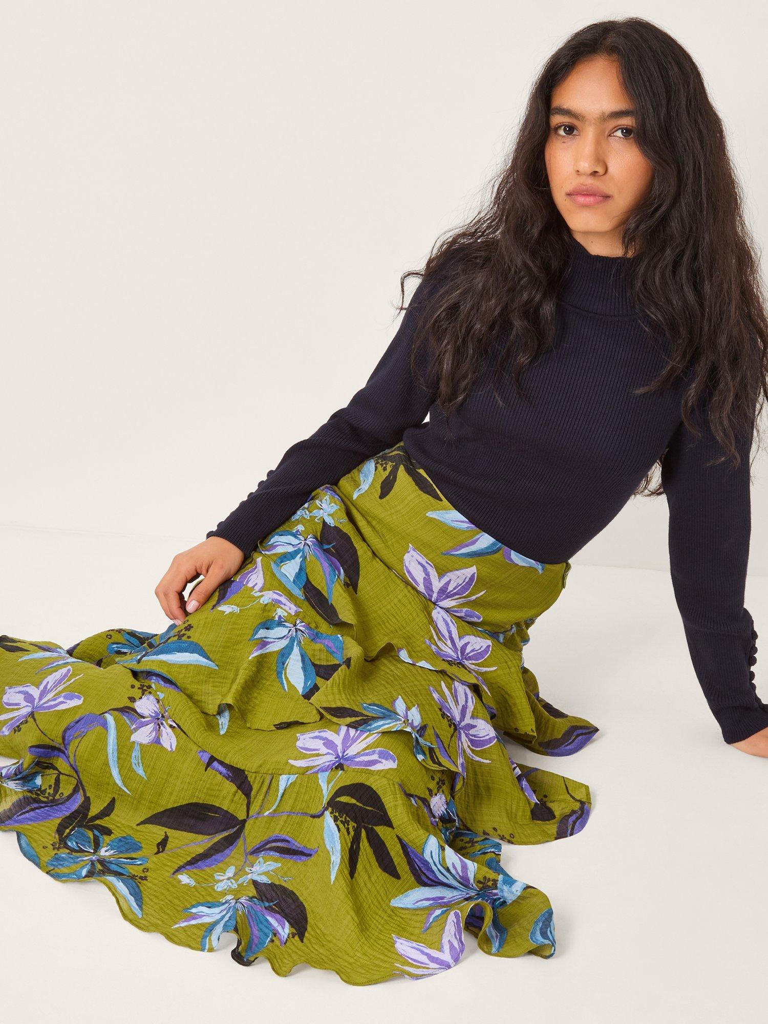 Product image 4 of 5, which shows Monsoon Sonya Floral Tiered Skirt, Khaki, 8
