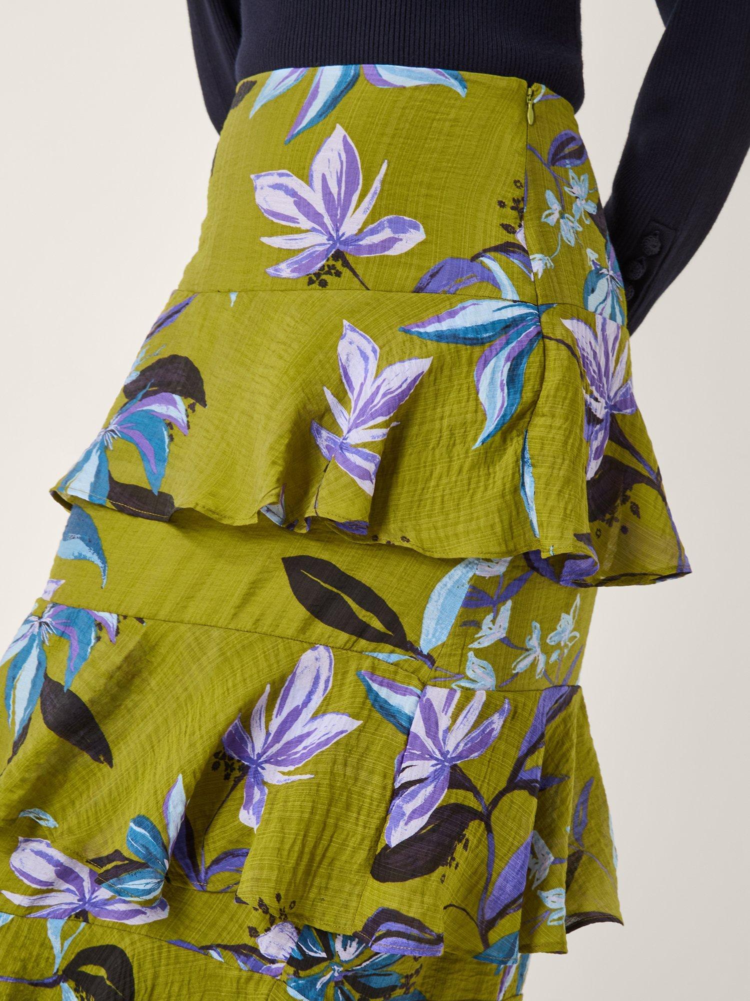 Product image 5 of 5, which shows Monsoon Sonya Floral Tiered Skirt, Khaki, 8