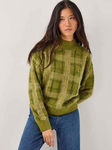 Monsoon Cleo Check Print Crew Neck Jumper, Green