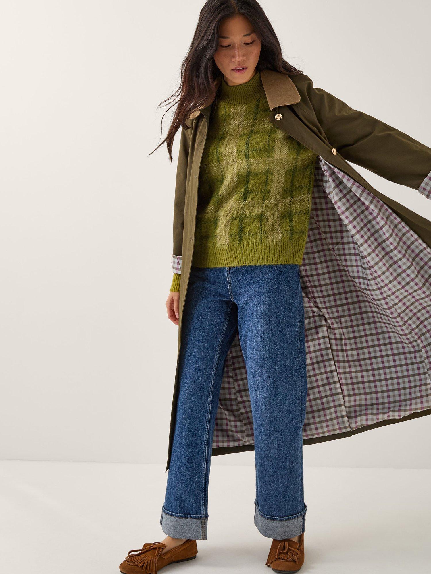 Product image 3 of 5, which shows Monsoon Cleo Check Print Crew Neck Jumper, Green, M