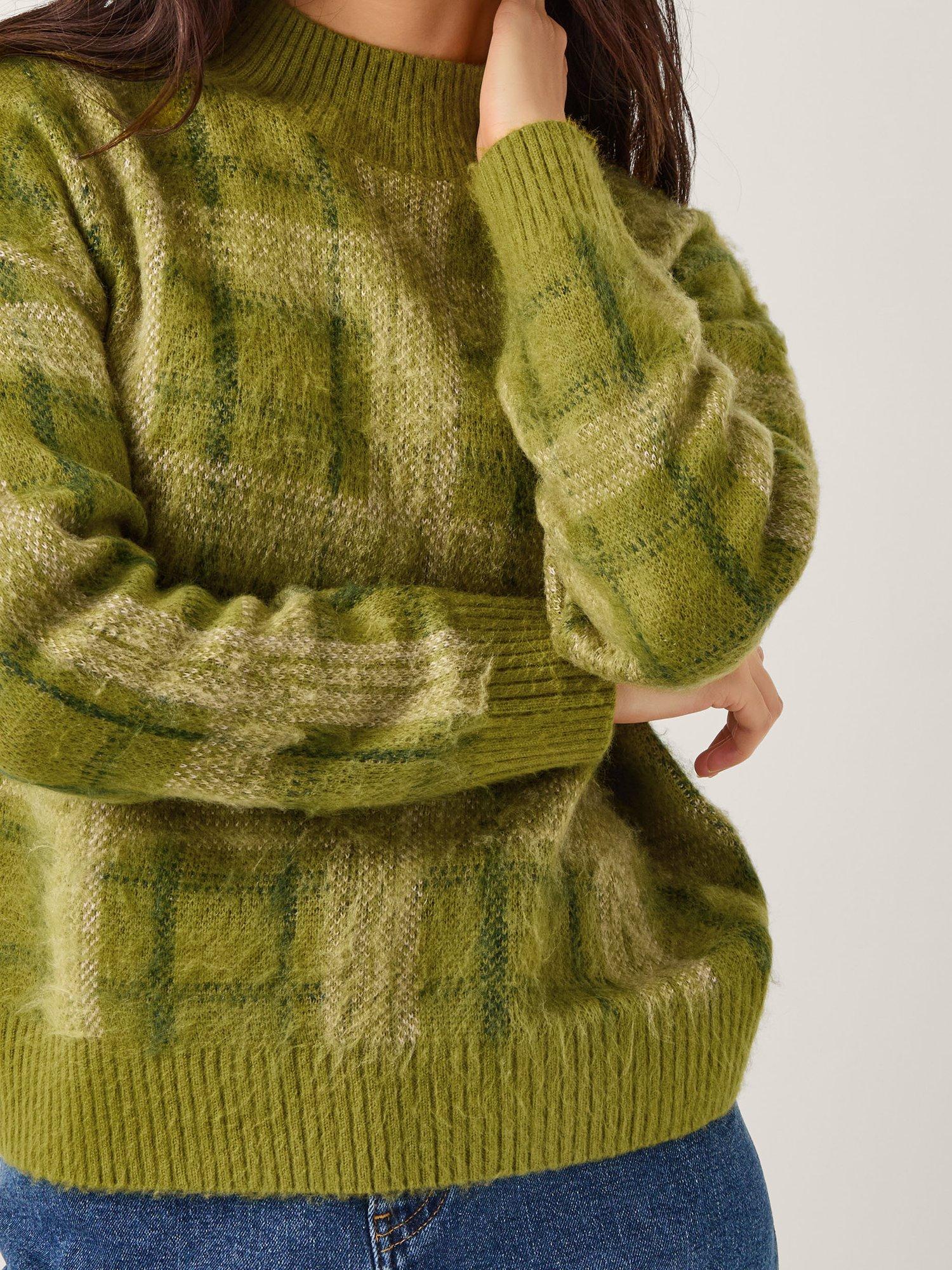 Product image 4 of 5, which shows Monsoon Cleo Check Print Crew Neck Jumper, Green, M