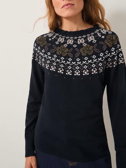 Monsoon Fia Fair Isle Cotton Blend Jumper, Black