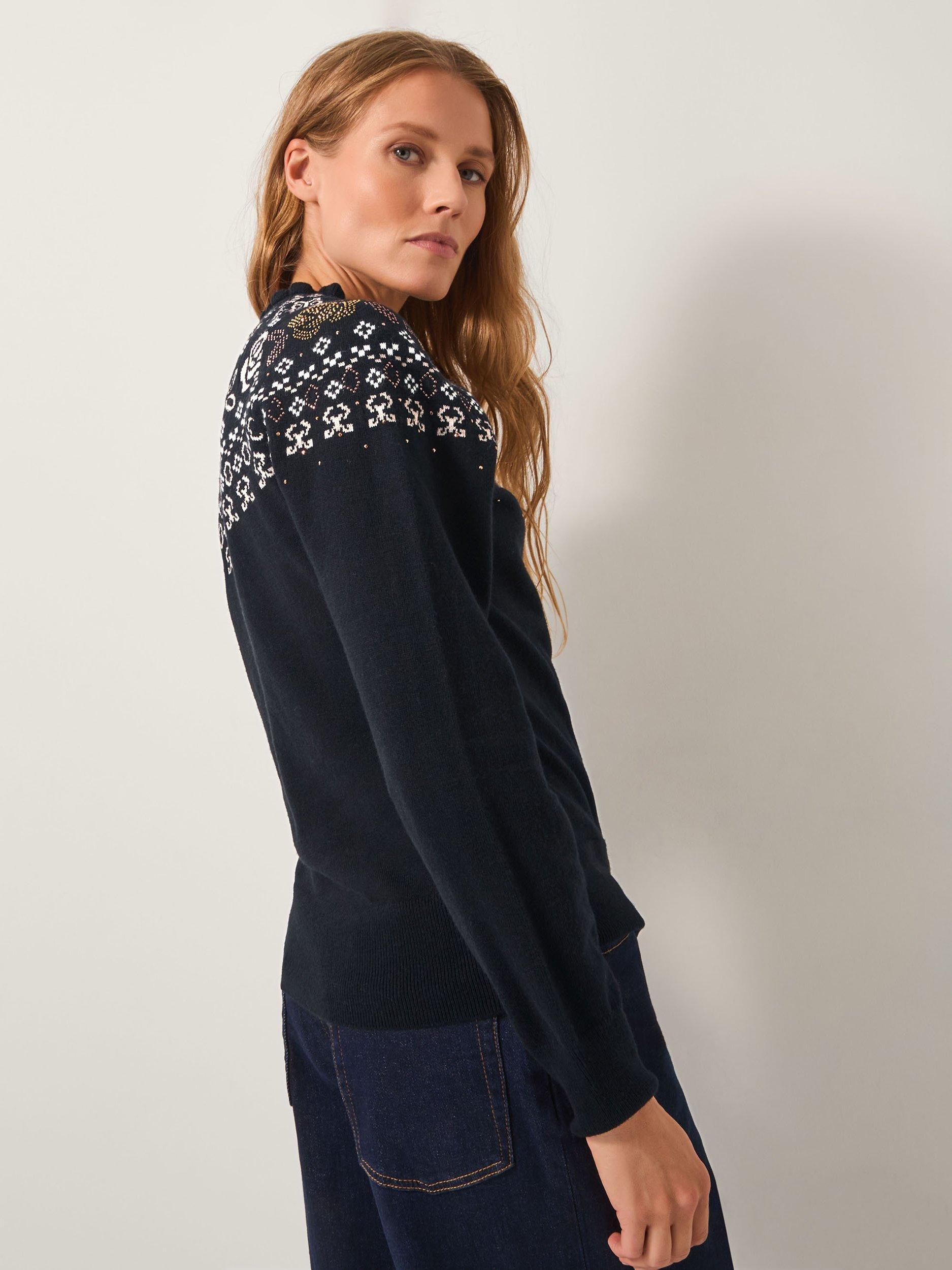 Product image 2 of 5, which shows Monsoon Fia Fair Isle Cotton Blend Jumper, Black, S