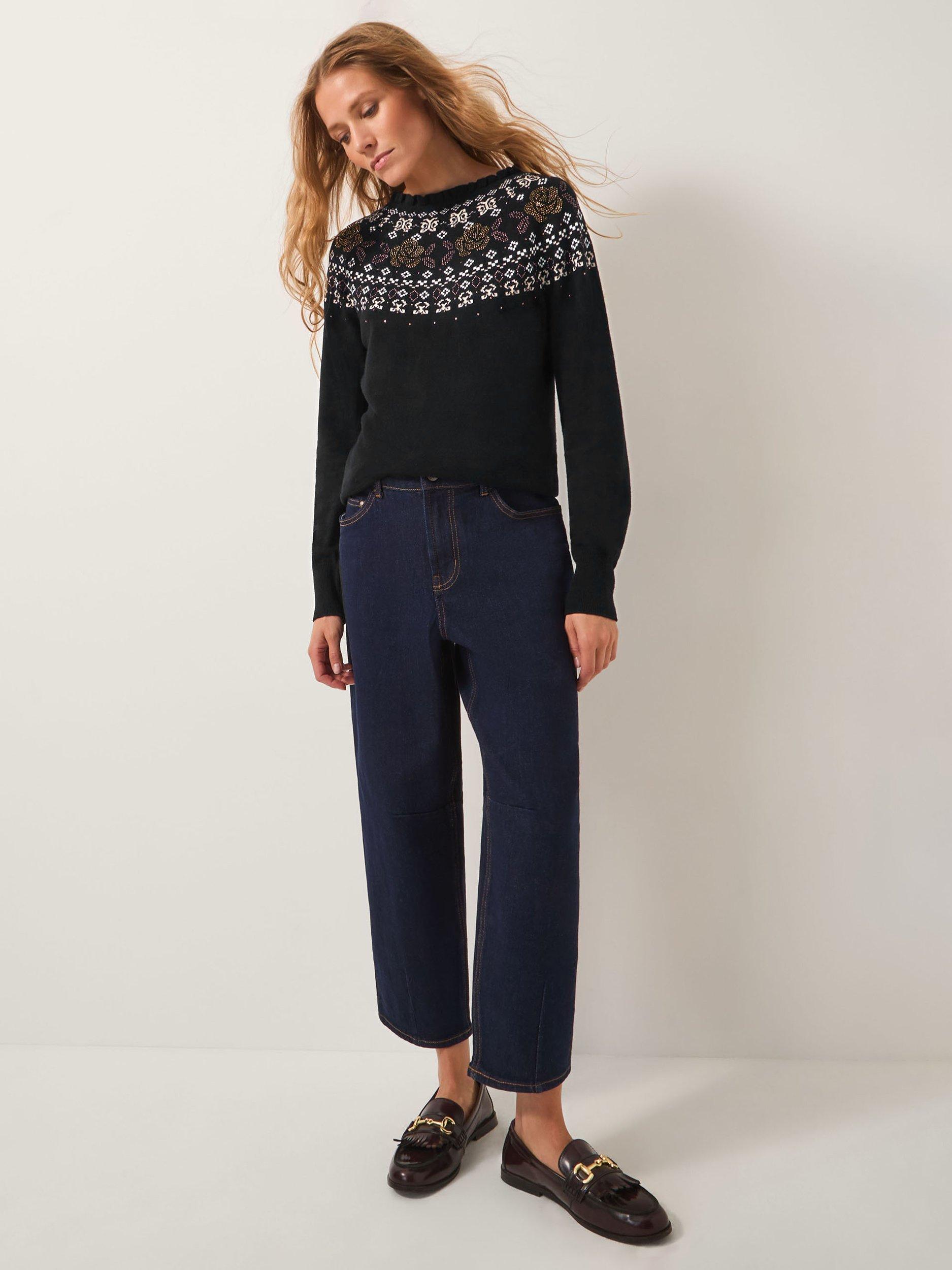 Product image 3 of 5, which shows Monsoon Fia Fair Isle Cotton Blend Jumper, Black, S