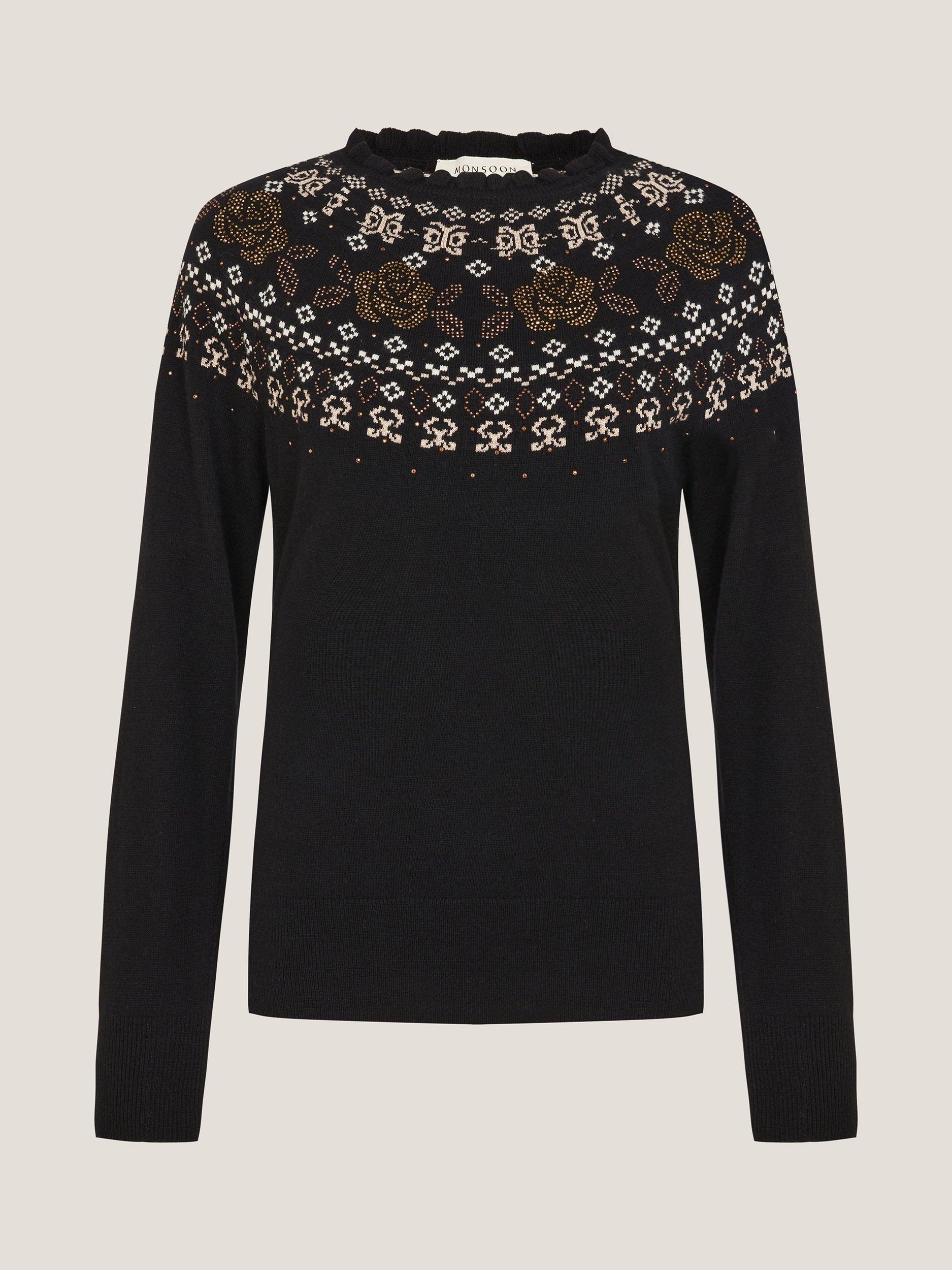Product image 5 of 5, which shows Monsoon Fia Fair Isle Cotton Blend Jumper, Black, S