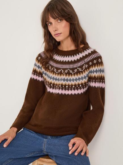 Monsoon Fran Crew Neck Fair Isle Jumper, Brown