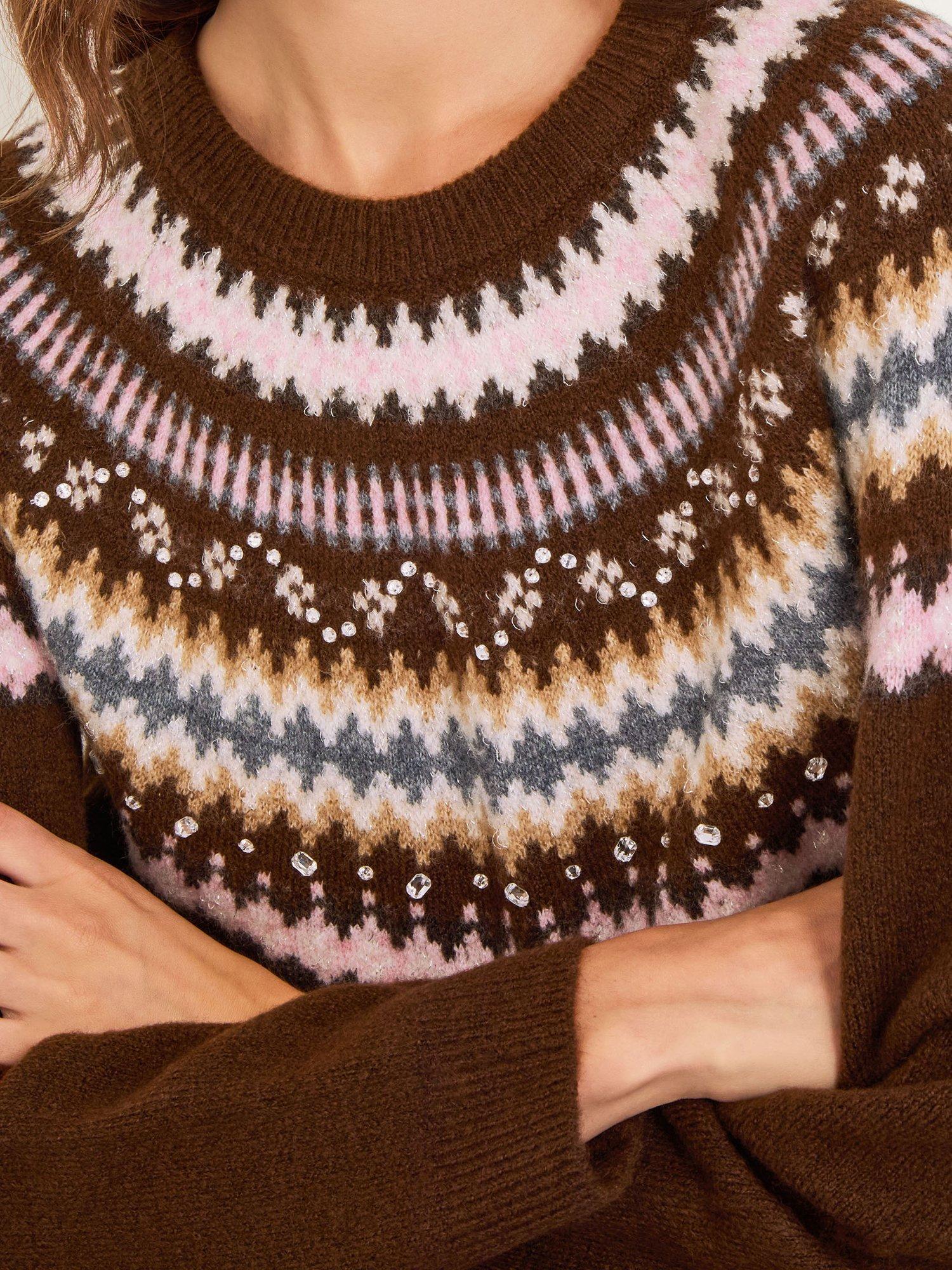 Product image 4 of 5, which shows Monsoon Fran Crew Neck Fair Isle Jumper, Brown, XXL