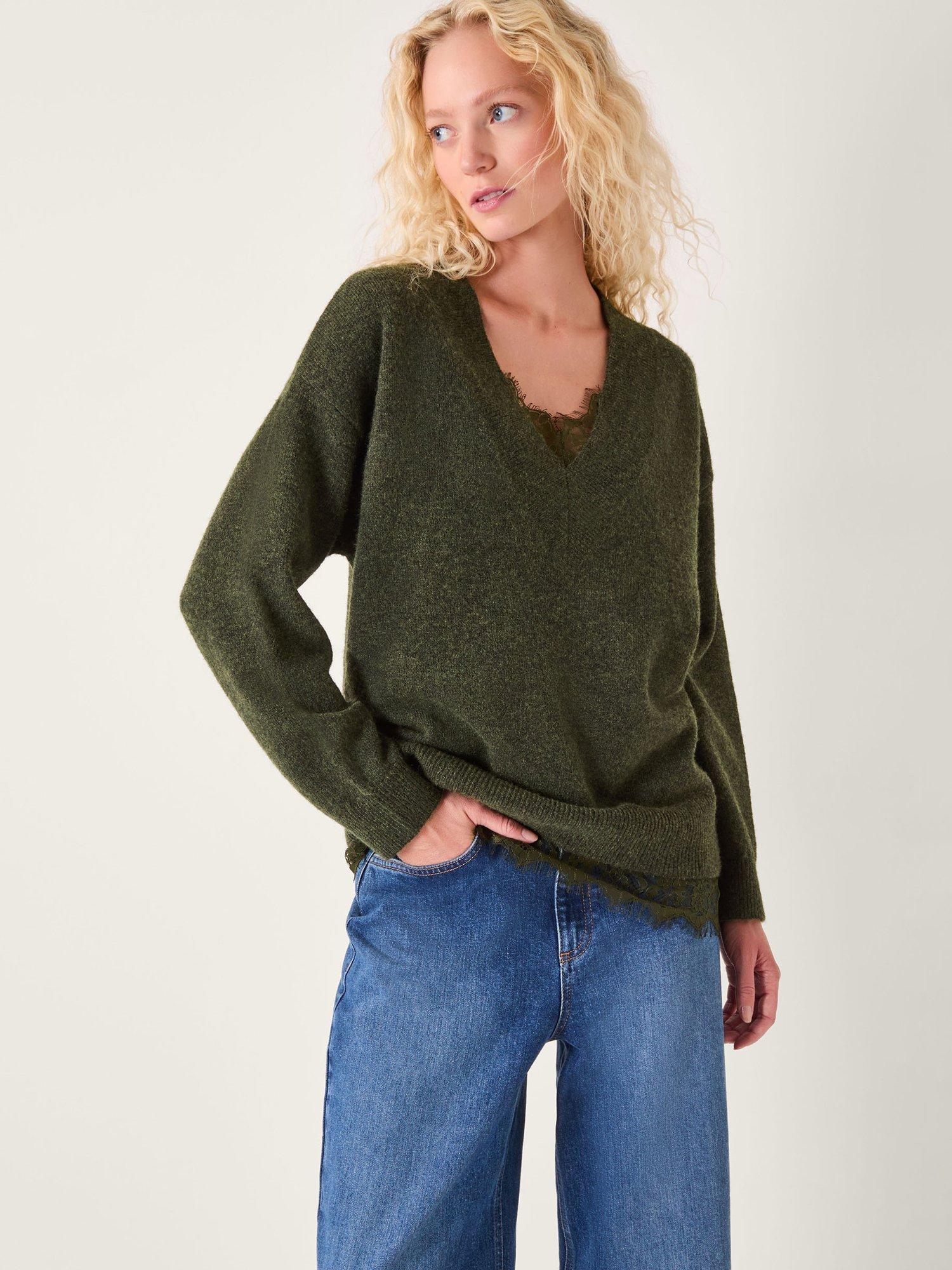 Product image 1 of 5, which shows Monsoon Leanne Lace Trim Jumper, Khaki, S
