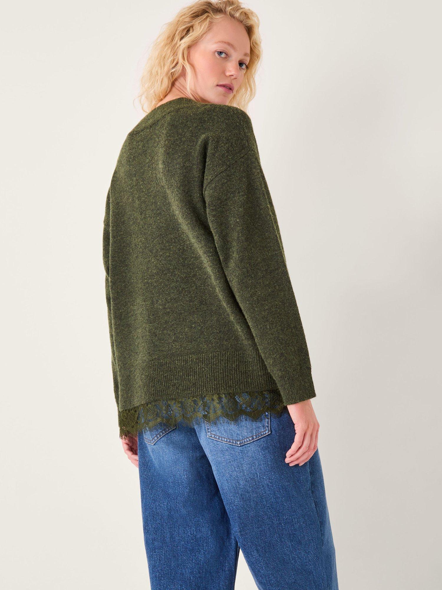 Product image 2 of 5, which shows Monsoon Leanne Lace Trim Jumper, Khaki, S