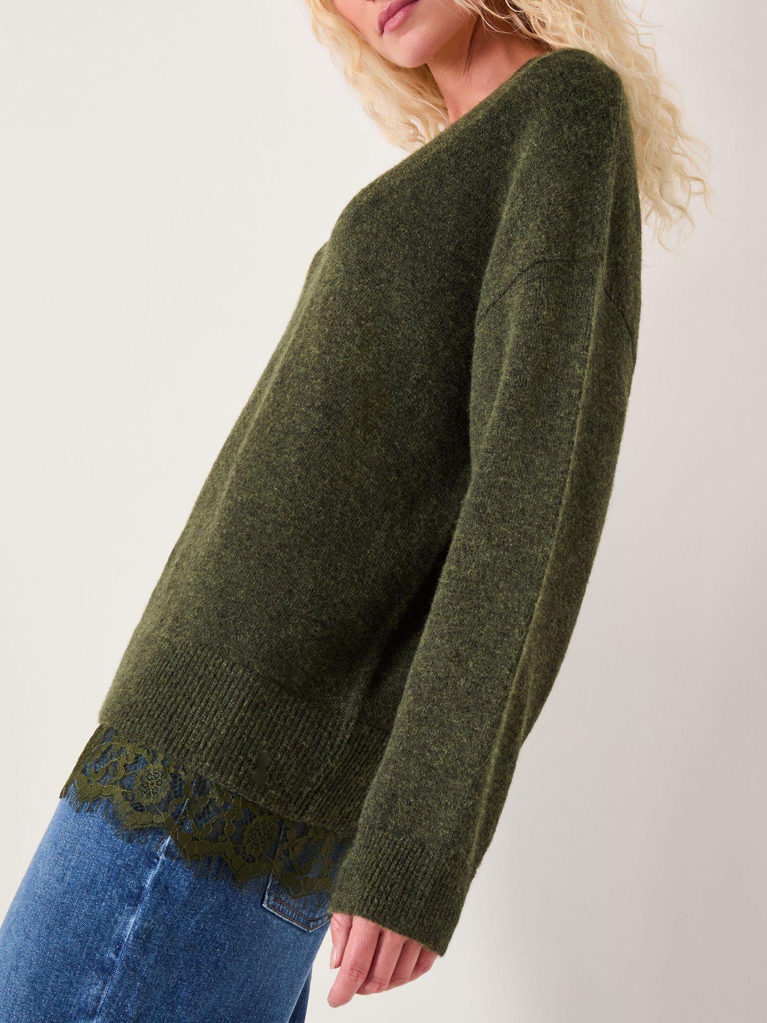 Product image 3 of 5, which shows Monsoon Leanne Lace Trim Jumper, Khaki, S