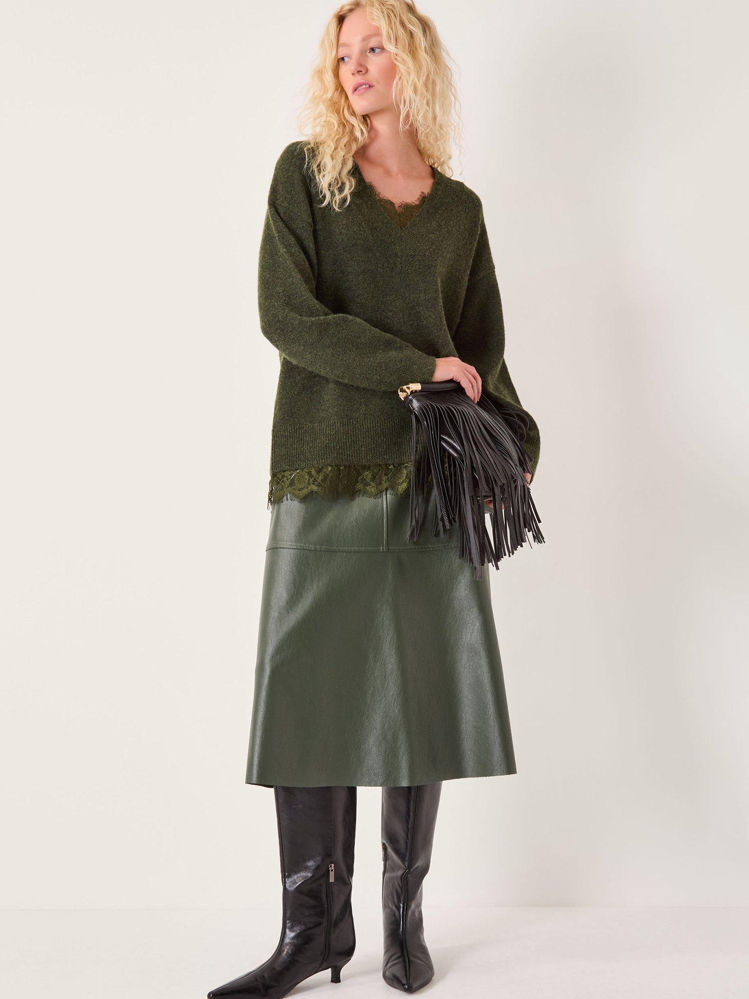 Product image 4 of 5, which shows Monsoon Leanne Lace Trim Jumper, Khaki, S