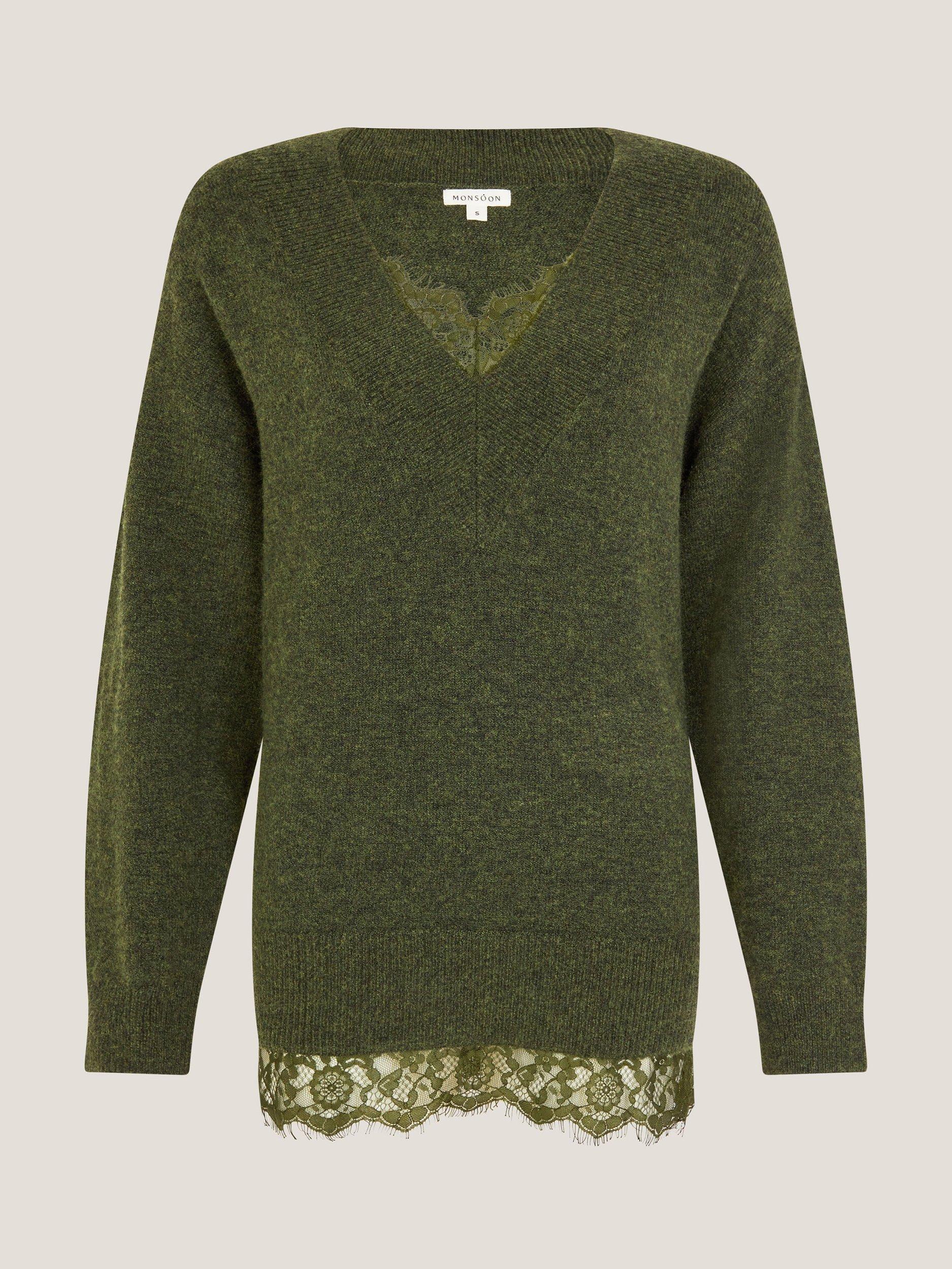 Product image 5 of 5, which shows Monsoon Leanne Lace Trim Jumper, Khaki, S
